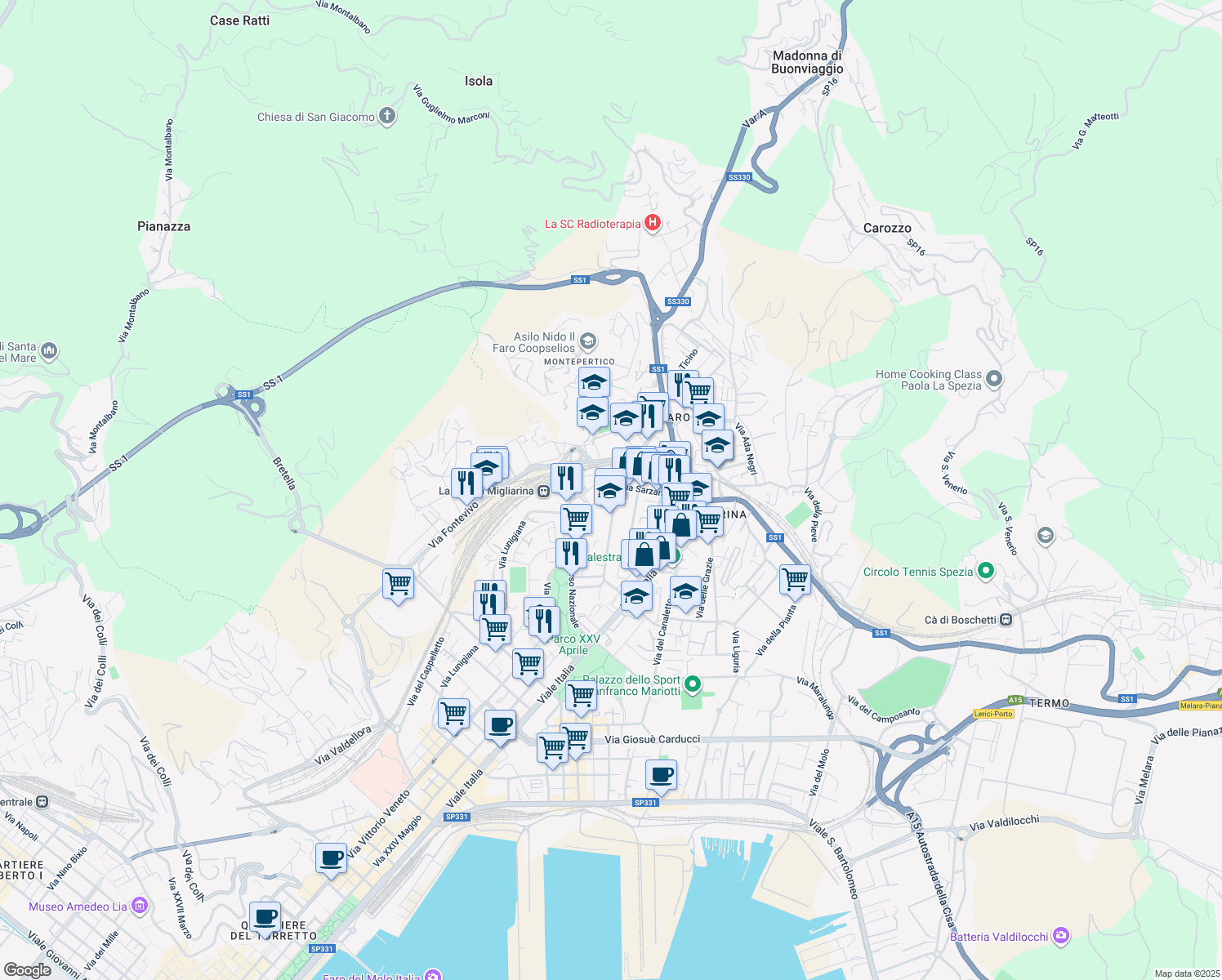 map of restaurants, bars, coffee shops, grocery stores, and more near 718 Via Lunigiana in La Spezia