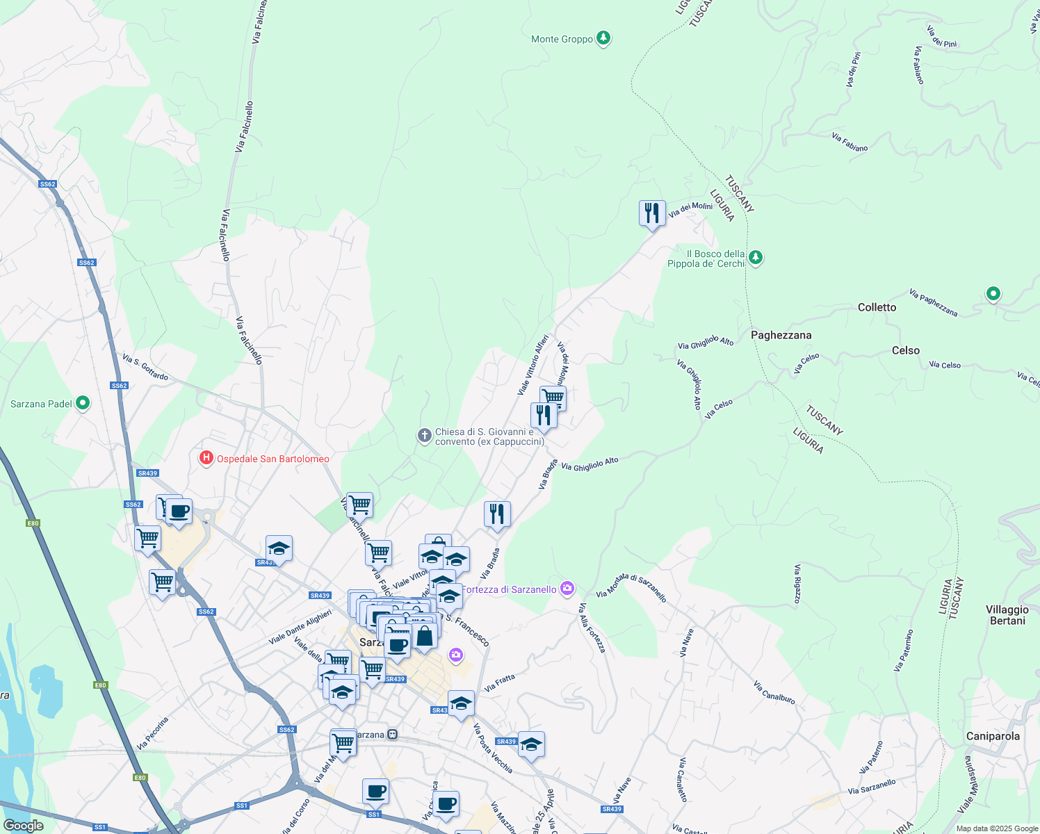 map of restaurants, bars, coffee shops, grocery stores, and more near 305 Via dei Molini in Sarzana