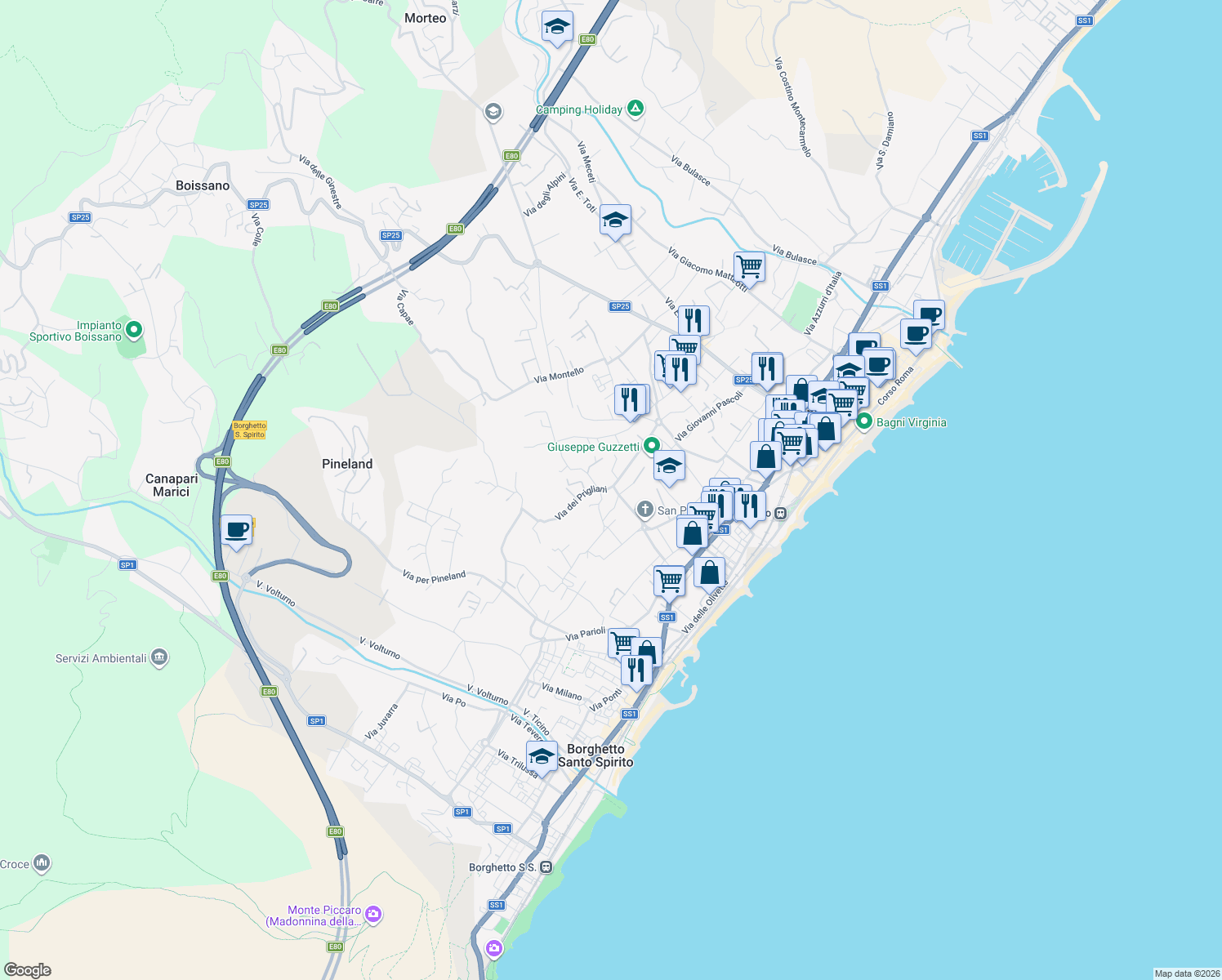 map of restaurants, bars, coffee shops, grocery stores, and more near 4 Via Mantova in Loano