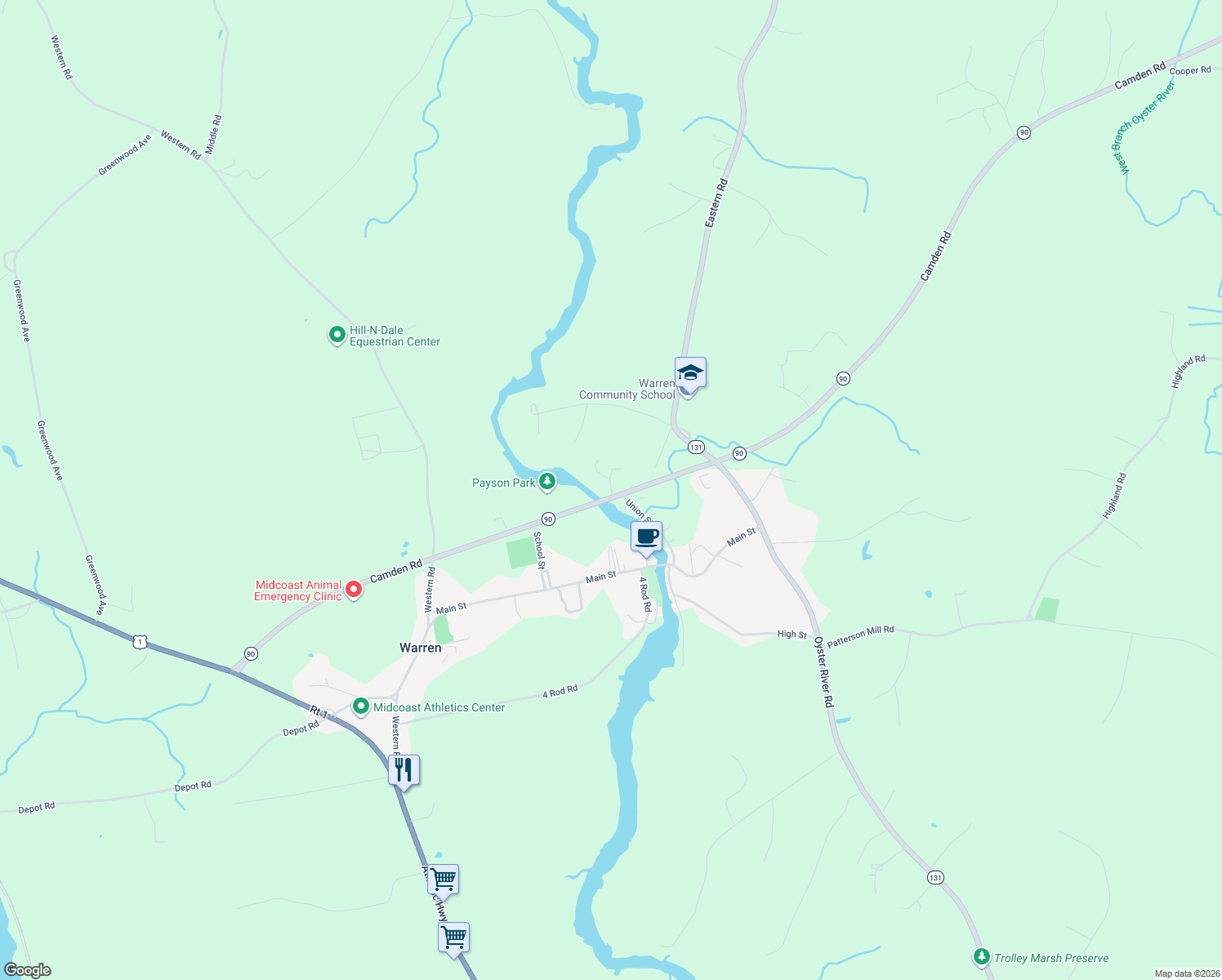 map of restaurants, bars, coffee shops, grocery stores, and more near 21 Conary Lane in Warren