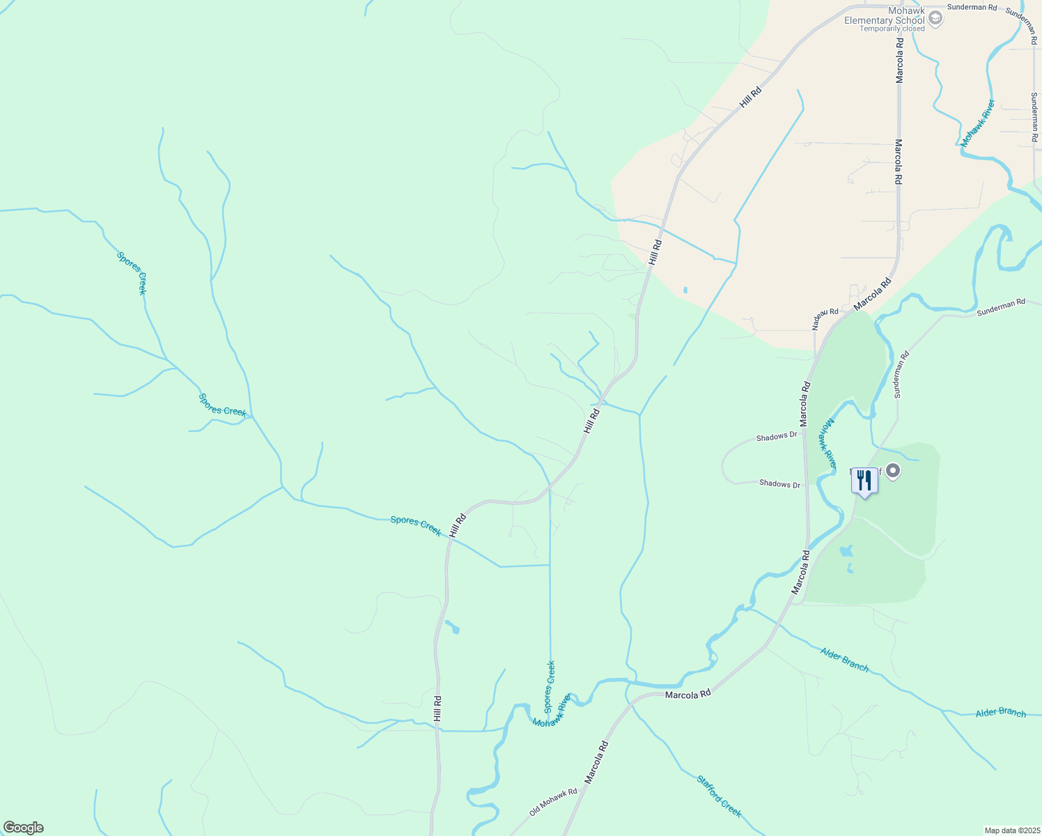 map of restaurants, bars, coffee shops, grocery stores, and more near 90420 Hill Road in Springfield