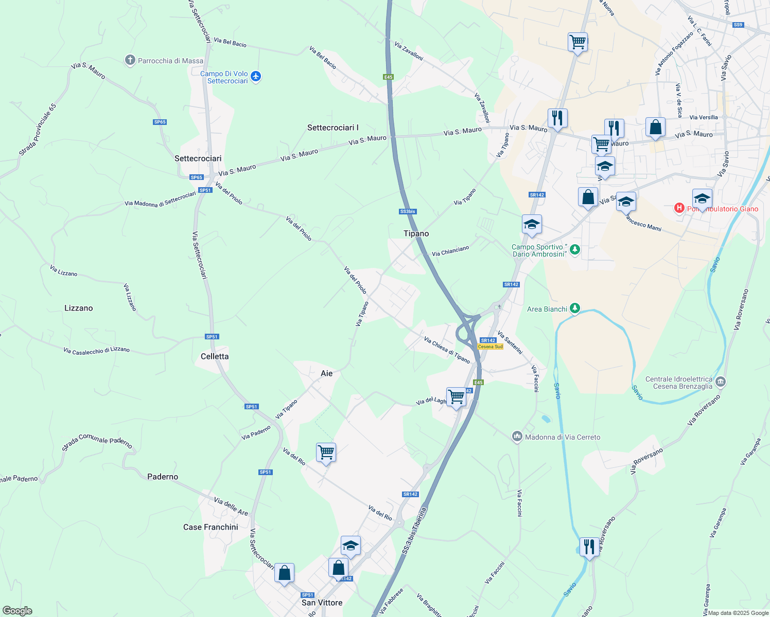 map of restaurants, bars, coffee shops, grocery stores, and more near 87 Via Chiesa di Tipano in Cesena