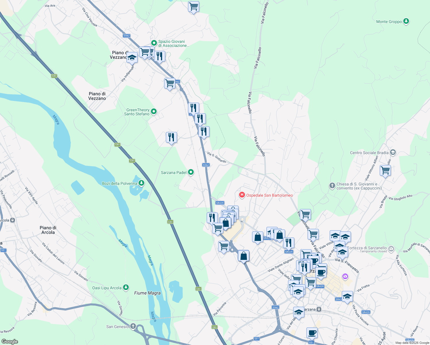 map of restaurants, bars, coffee shops, grocery stores, and more near 8 Via Cisa Traversa III in Sarzana