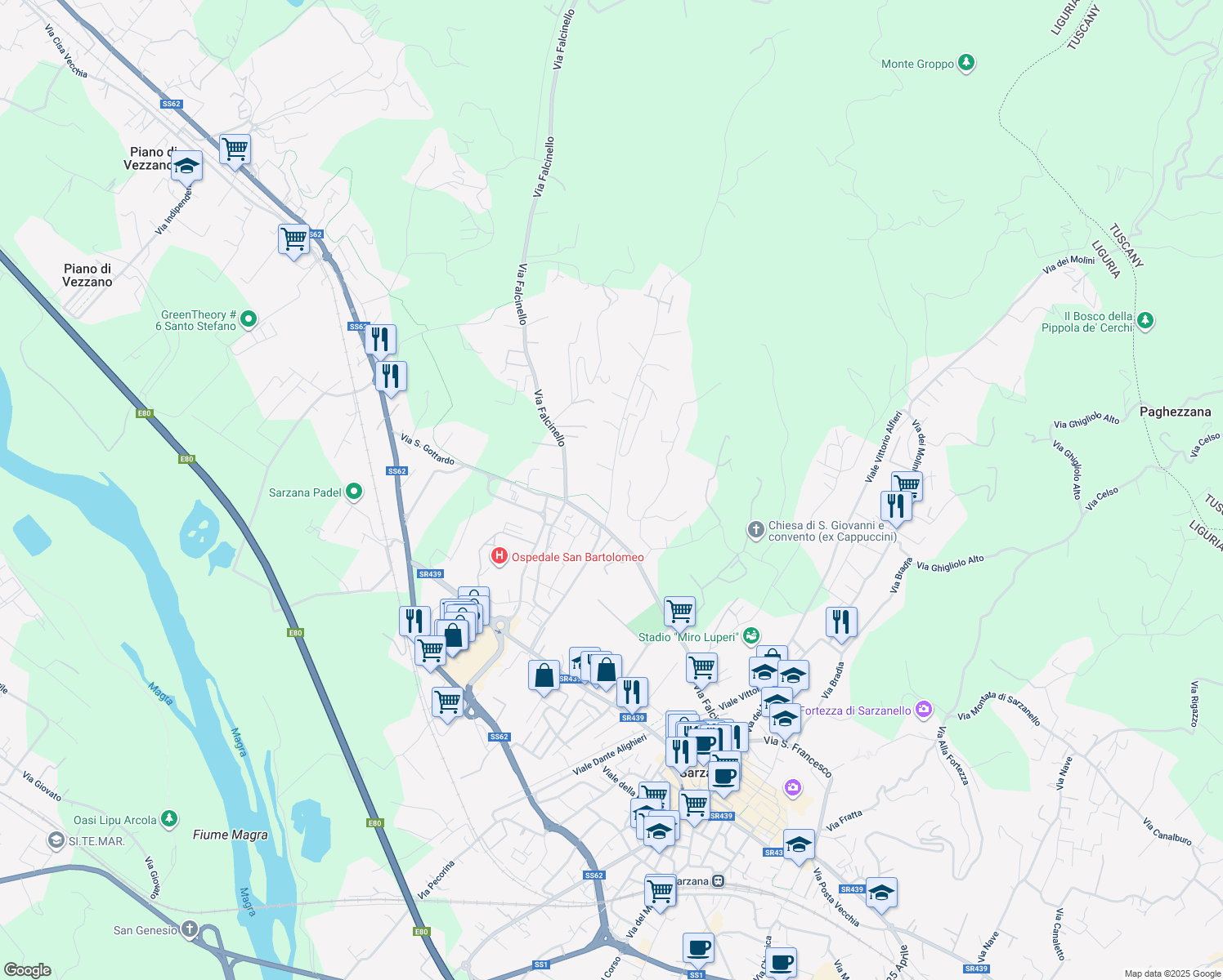 map of restaurants, bars, coffee shops, grocery stores, and more near 11 Via Triboli Prima Traversa in Sarzana