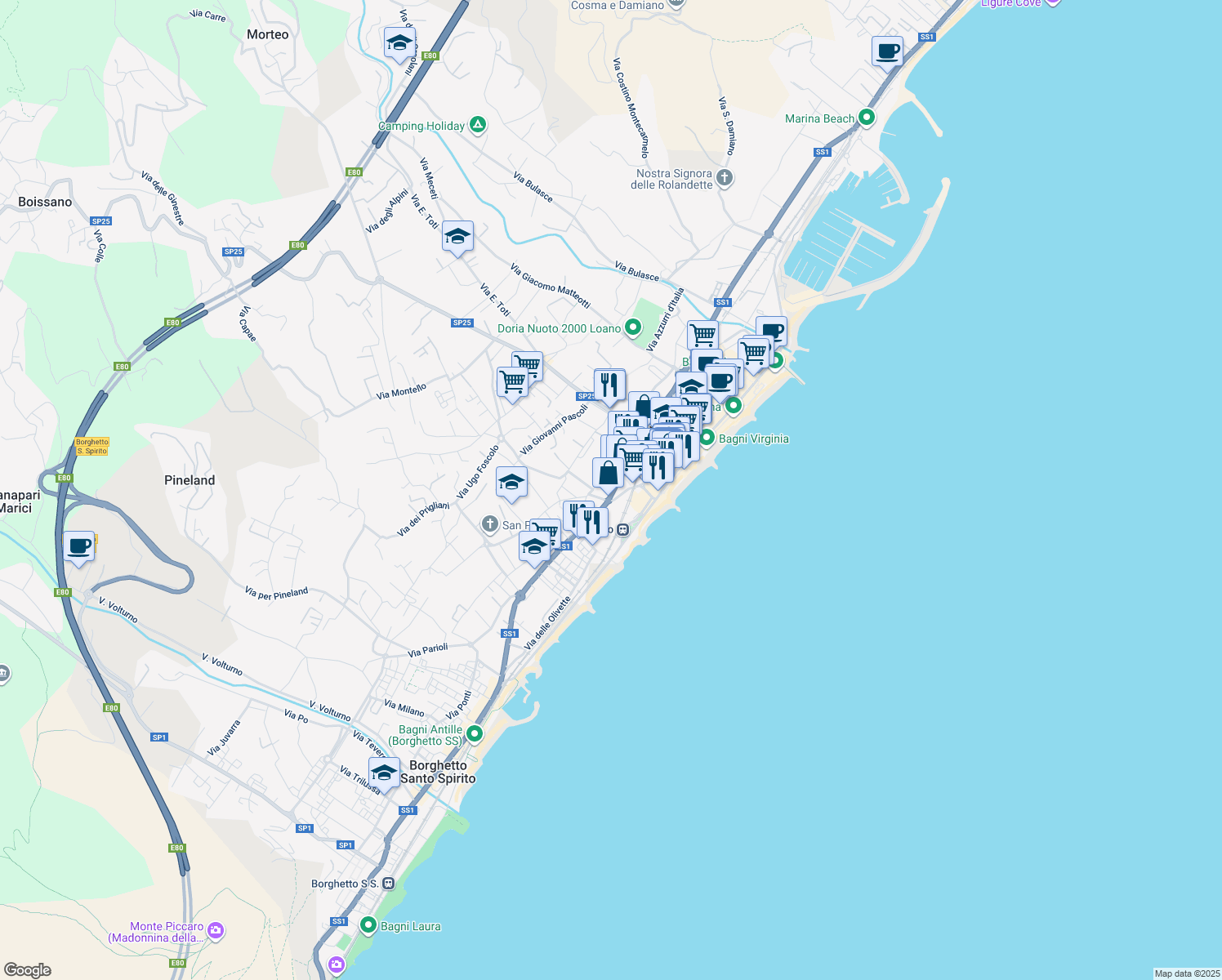 map of restaurants, bars, coffee shops, grocery stores, and more near 197 Via Aurelia in Loano
