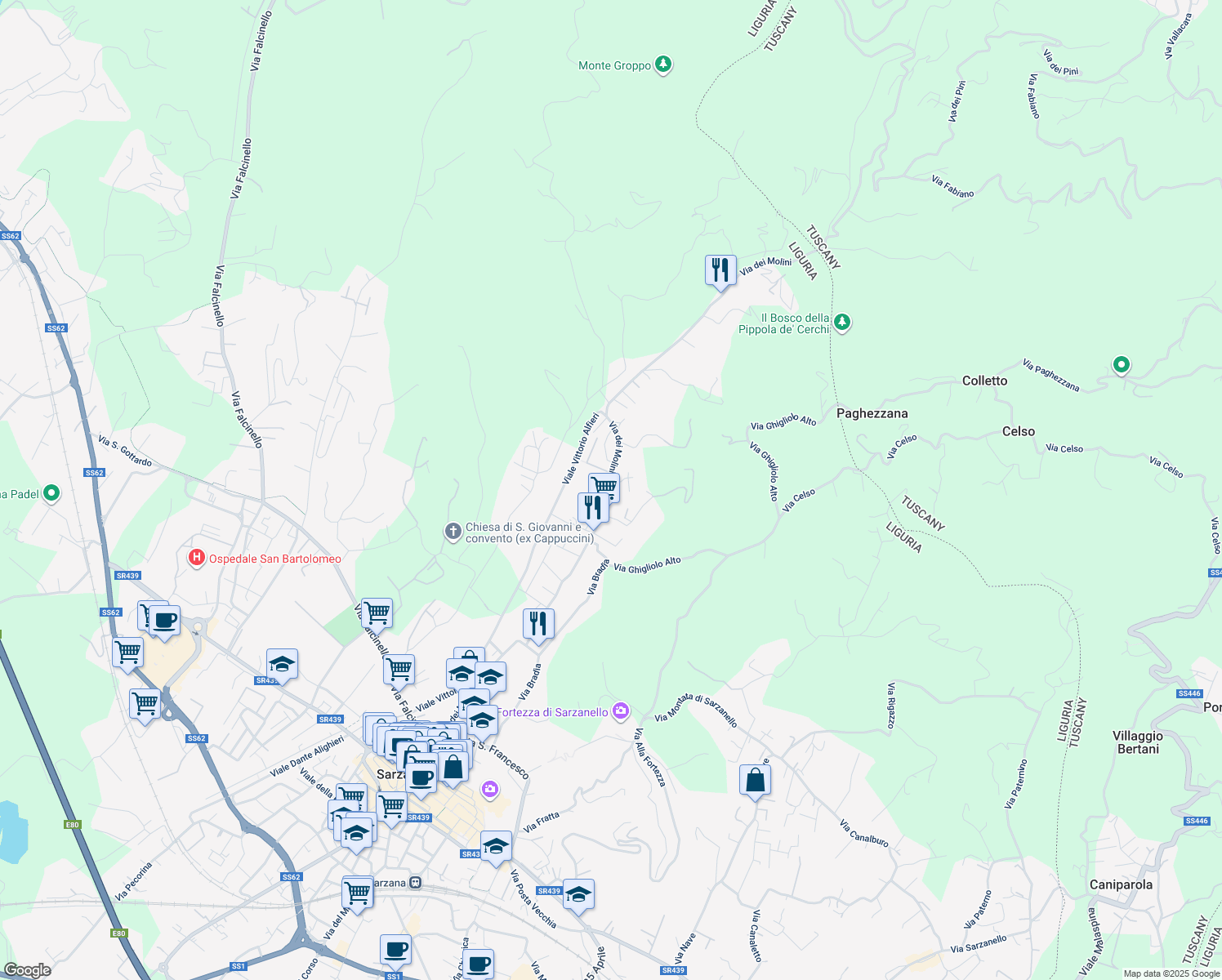 map of restaurants, bars, coffee shops, grocery stores, and more near 146 Via dei Molini in Sarzana