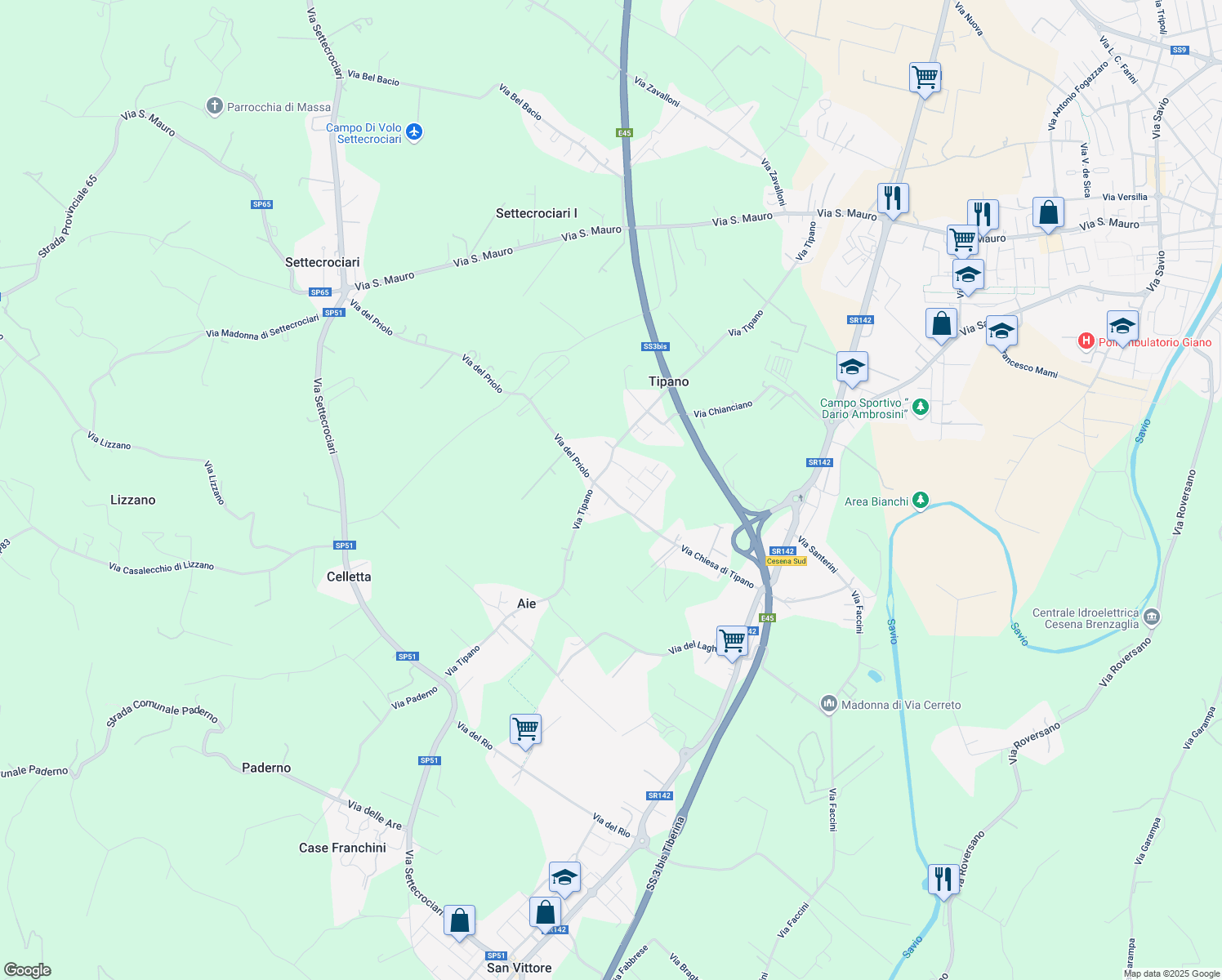 map of restaurants, bars, coffee shops, grocery stores, and more near 87 Via Chiesa di Tipano in Cesena