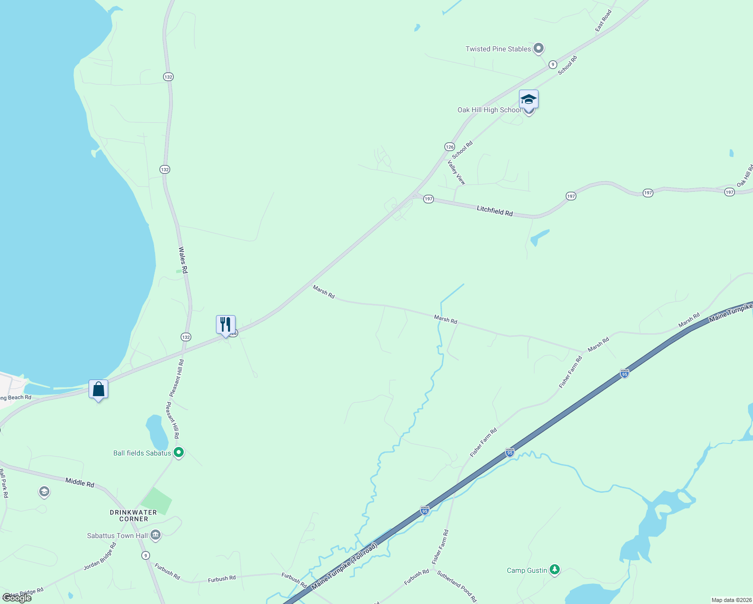 map of restaurants, bars, coffee shops, grocery stores, and more near 424 Marsh Road in Sabattus