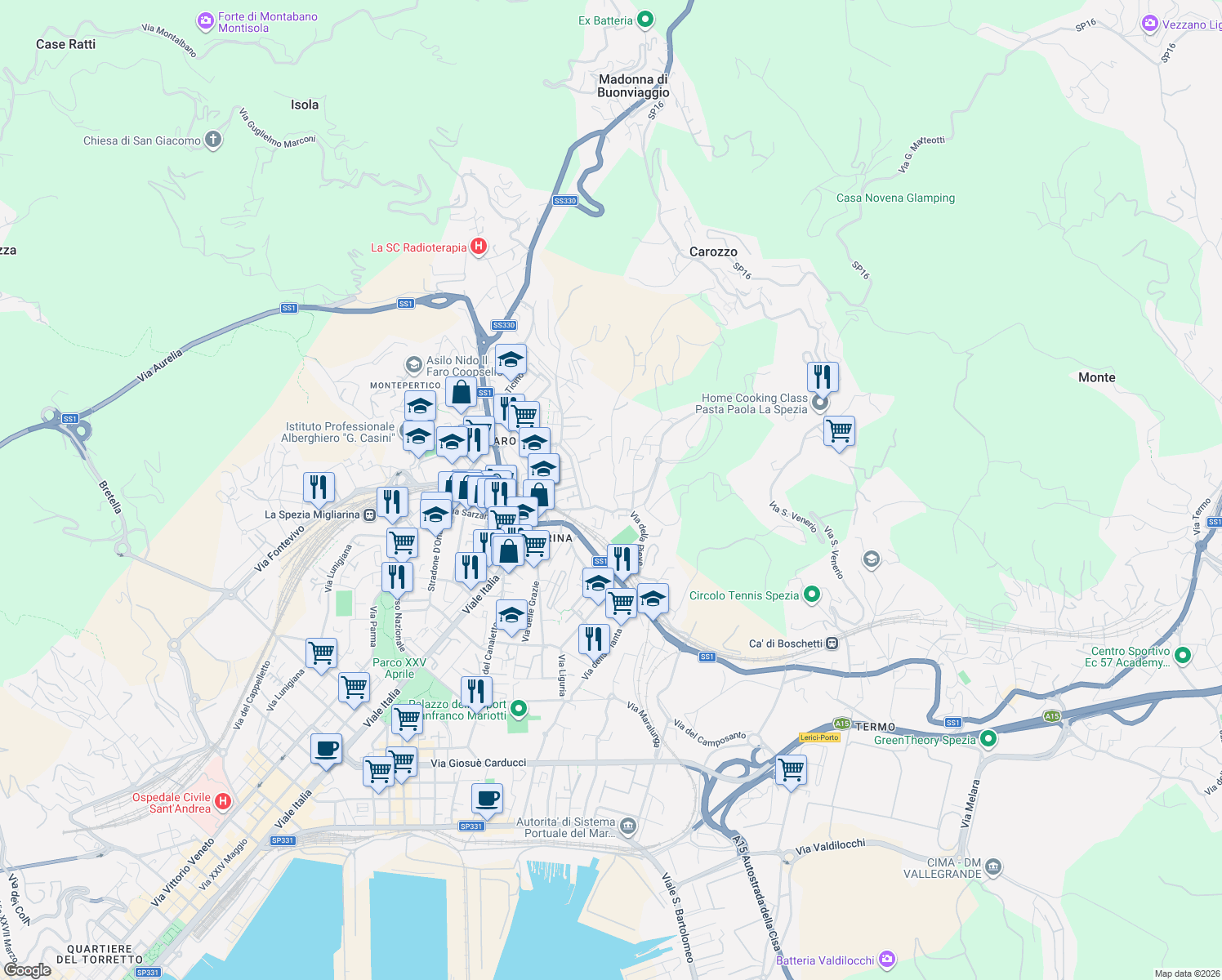 map of restaurants, bars, coffee shops, grocery stores, and more near 1 Via della Lobbia in La Spezia