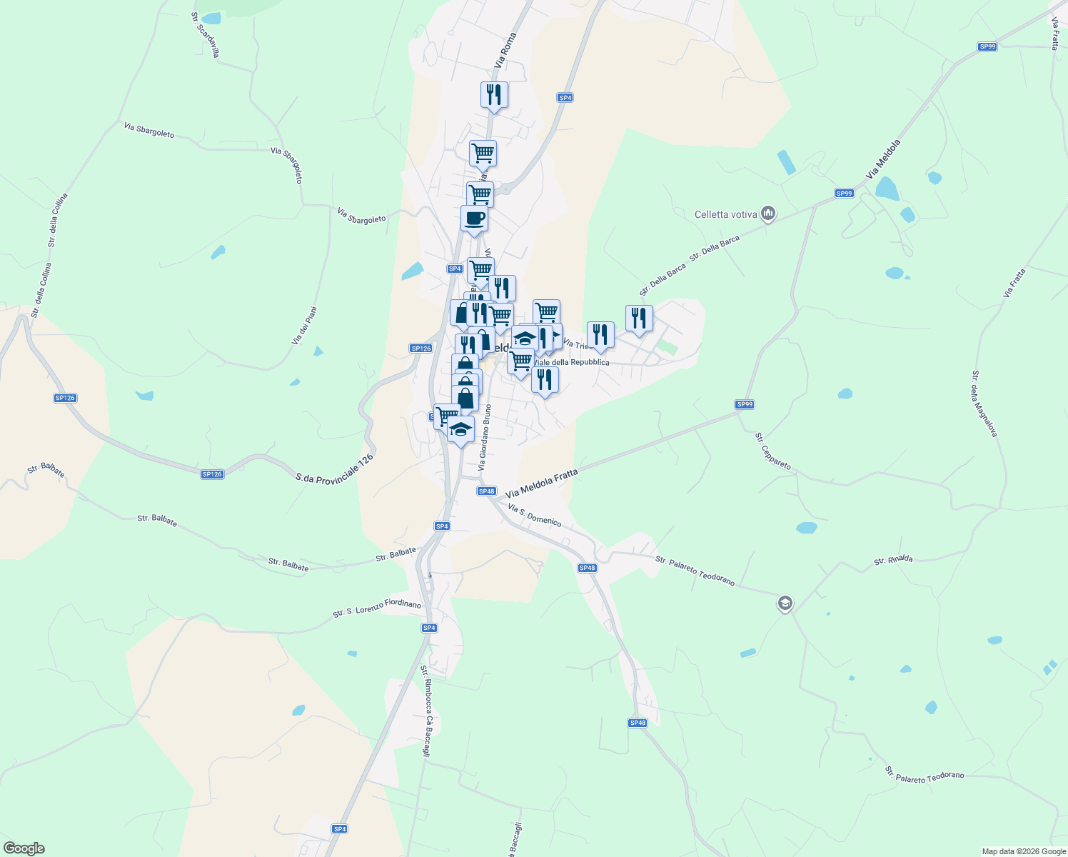map of restaurants, bars, coffee shops, grocery stores, and more near 33 Via Paolo Mastri in Meldola