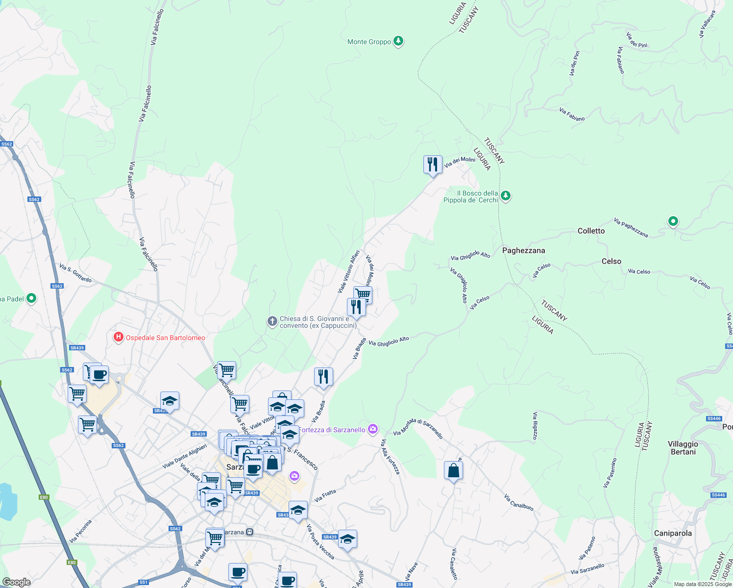 map of restaurants, bars, coffee shops, grocery stores, and more near 146 Via dei Molini in Sarzana
