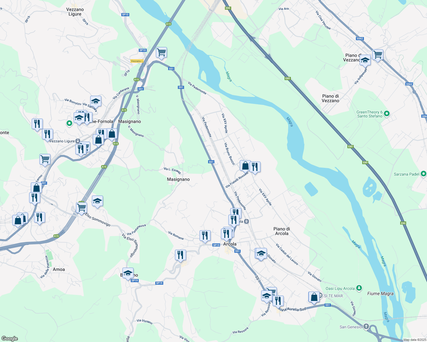 map of restaurants, bars, coffee shops, grocery stores, and more near 336 Strada Statale 1 in Arcola