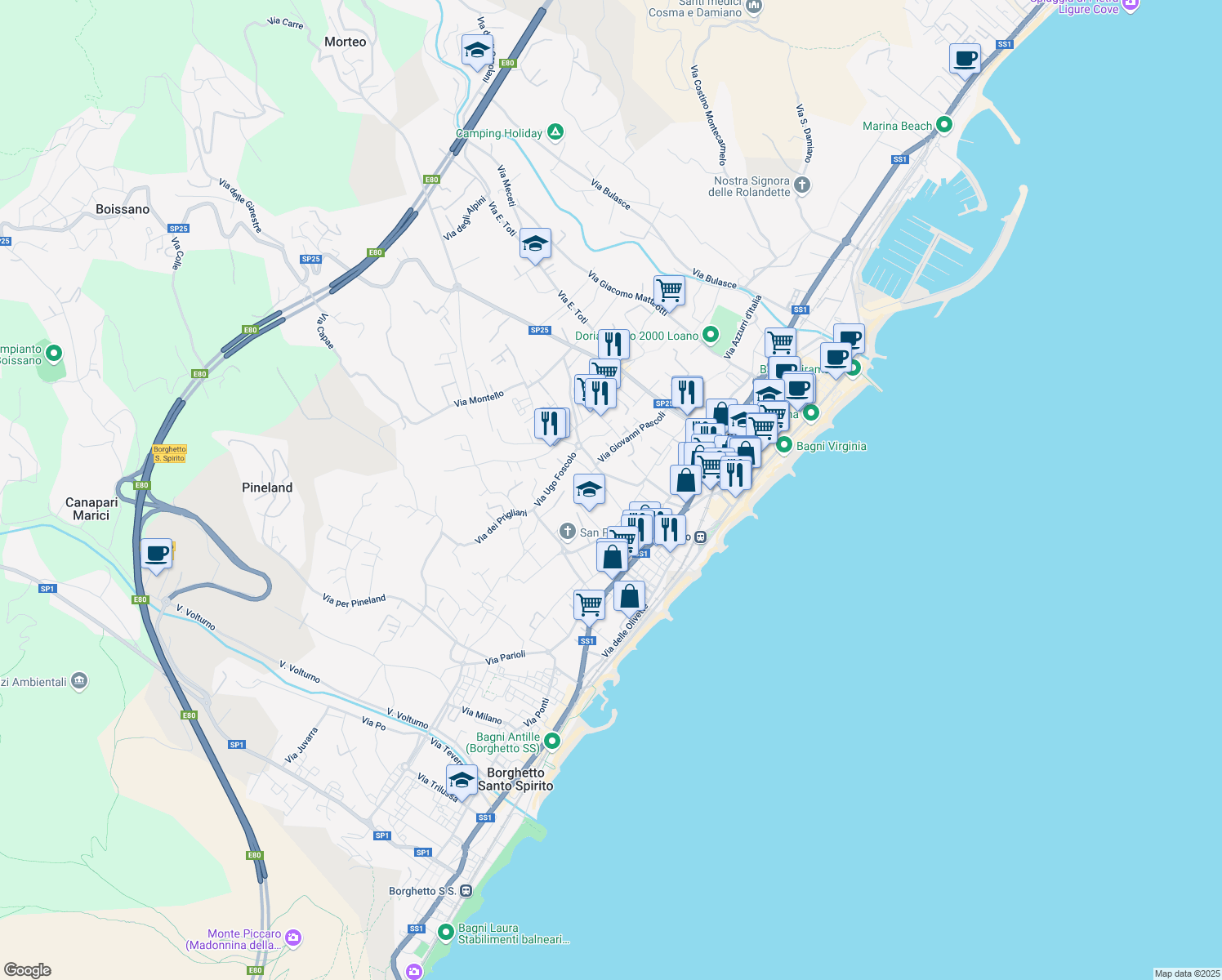map of restaurants, bars, coffee shops, grocery stores, and more near 10 Via Giovanni Boccaccio in Loano