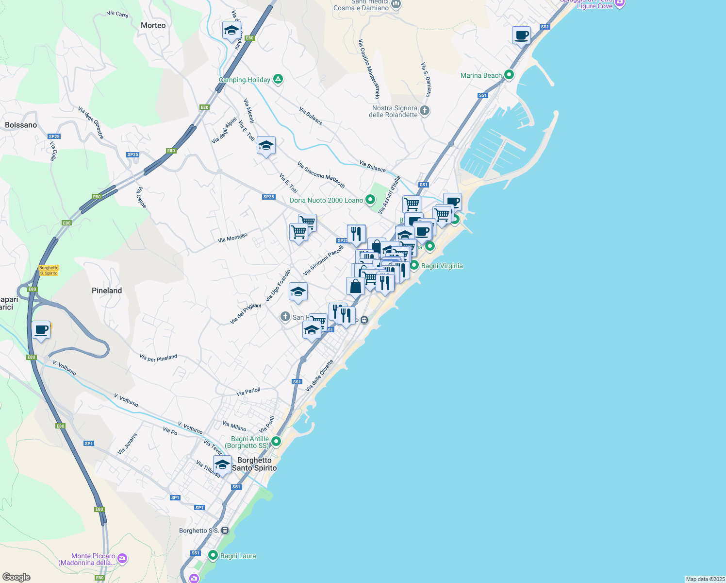 map of restaurants, bars, coffee shops, grocery stores, and more near 197 Via Aurelia in Loano