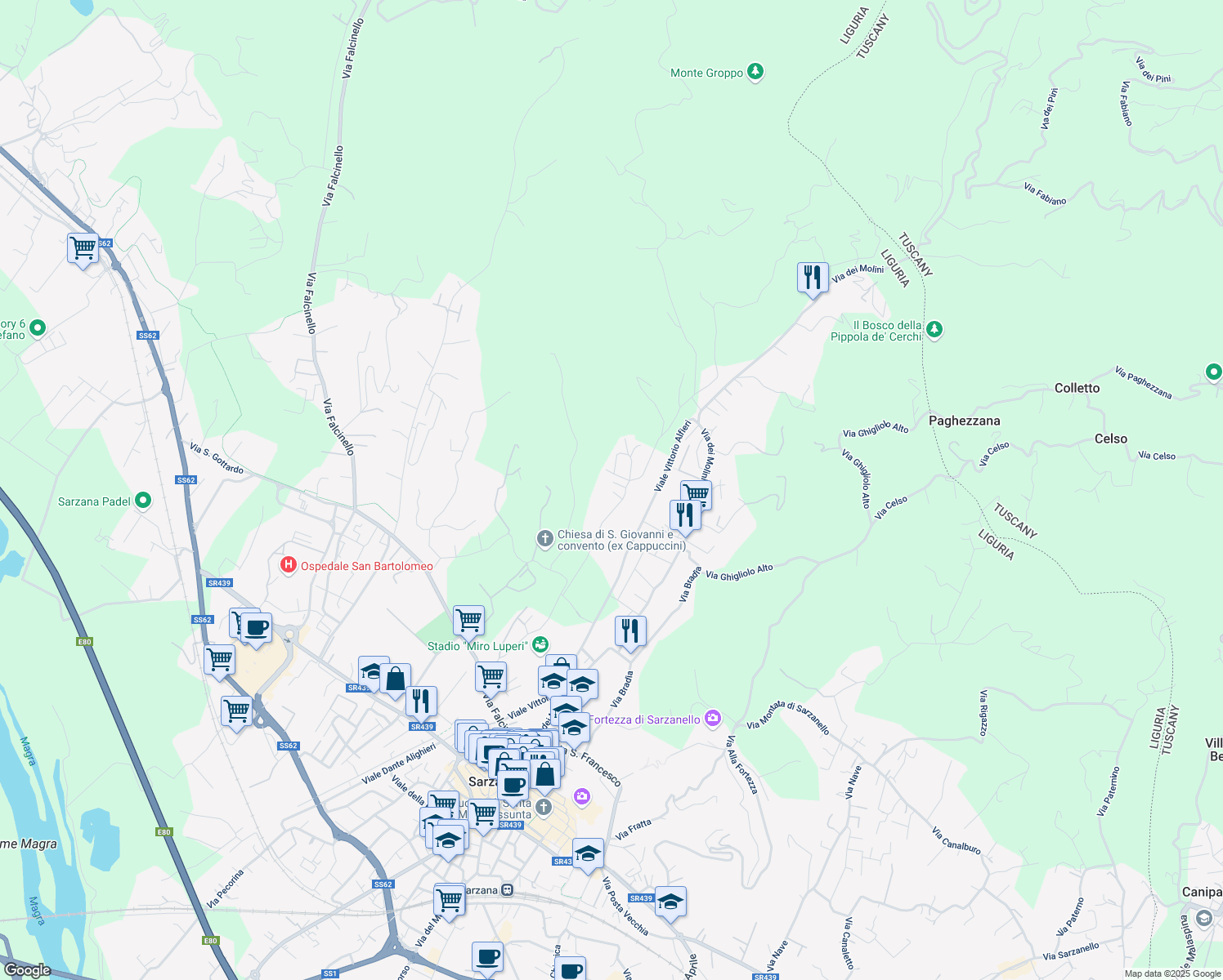 map of restaurants, bars, coffee shops, grocery stores, and more near 19 Via Monticello in Sarzana