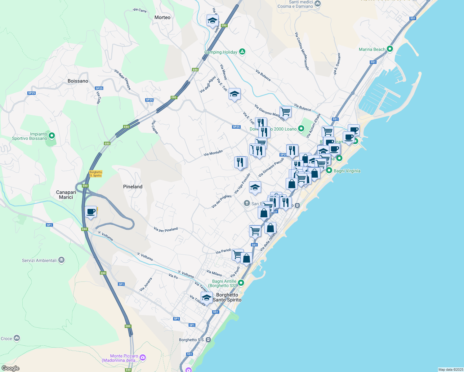 map of restaurants, bars, coffee shops, grocery stores, and more near 40 Via Ugo Foscolo in Loano
