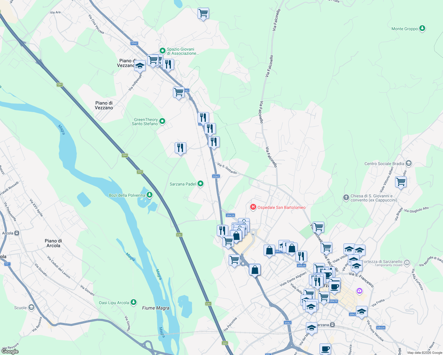 map of restaurants, bars, coffee shops, grocery stores, and more near 8 Via Cisa Traversa III in Sarzana