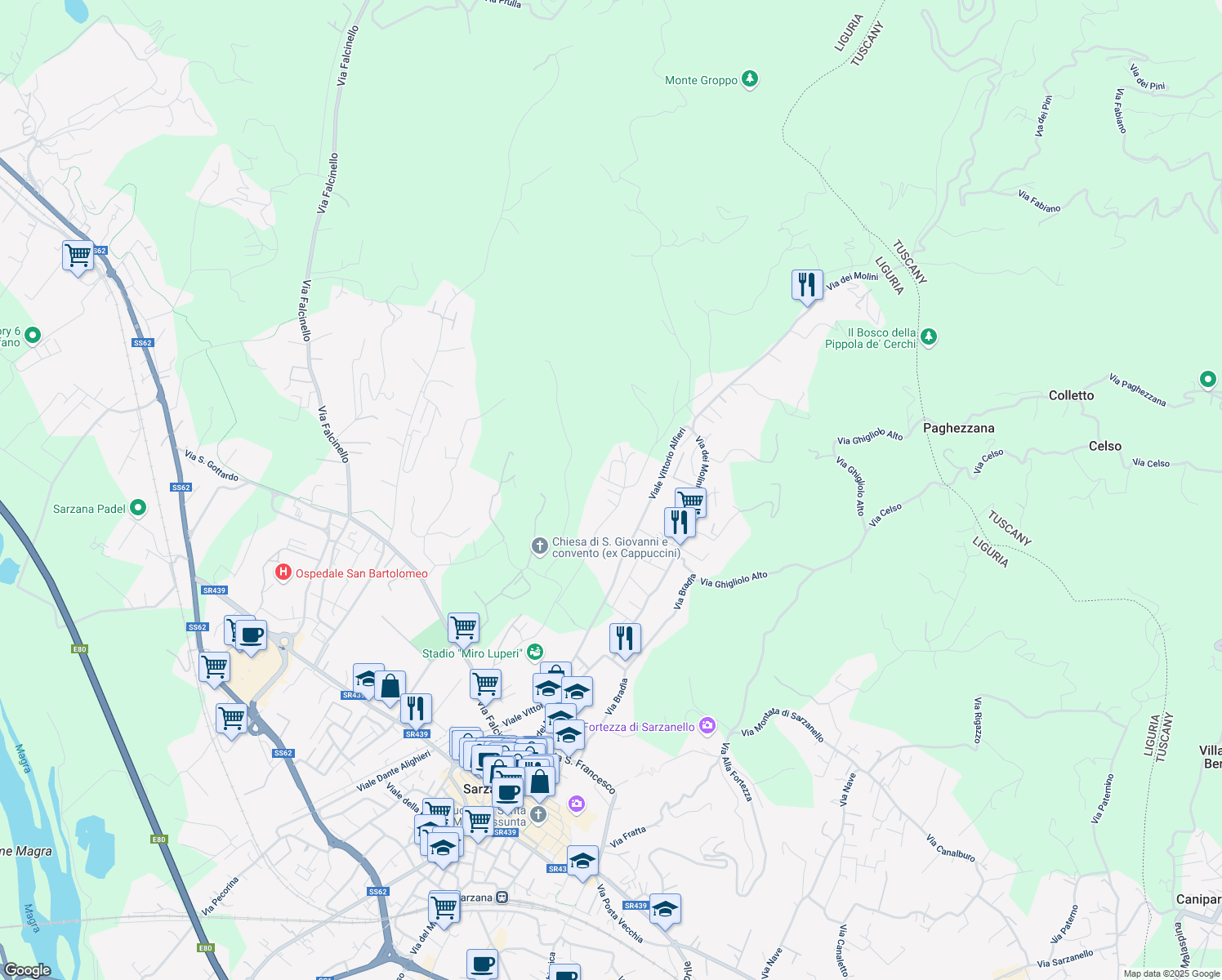 map of restaurants, bars, coffee shops, grocery stores, and more near 19 Via Monticello in Sarzana