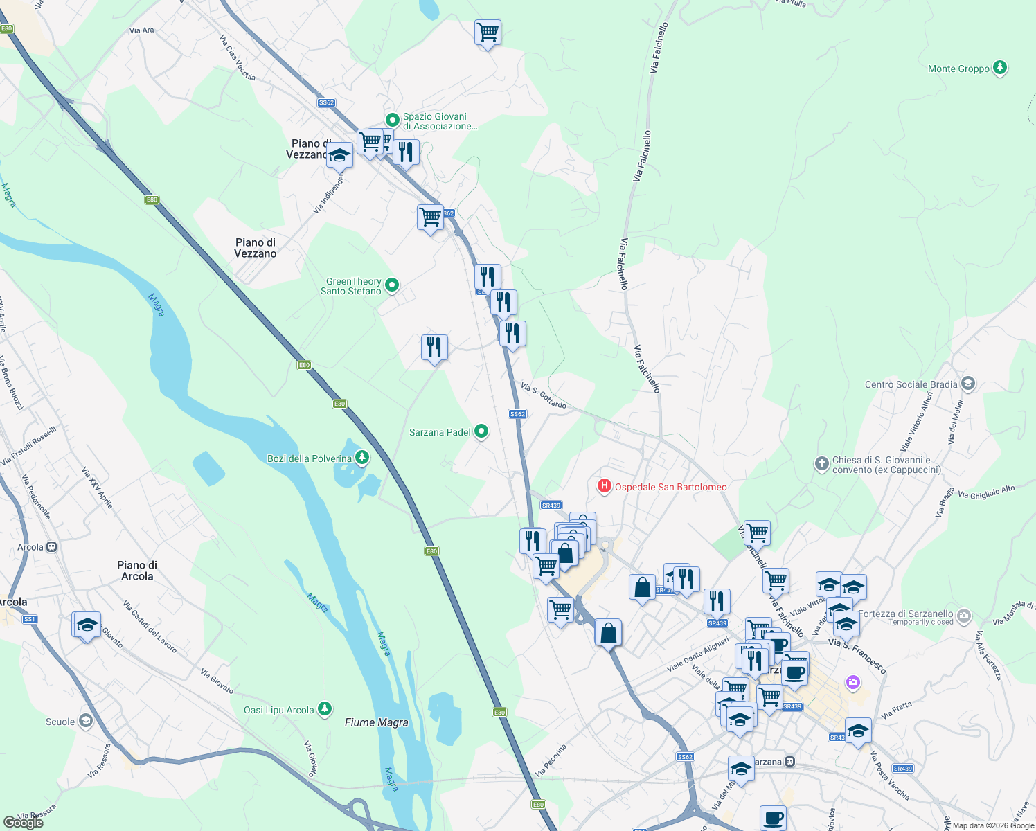 map of restaurants, bars, coffee shops, grocery stores, and more near Strada Statale 62 della Cisa in Sarzana