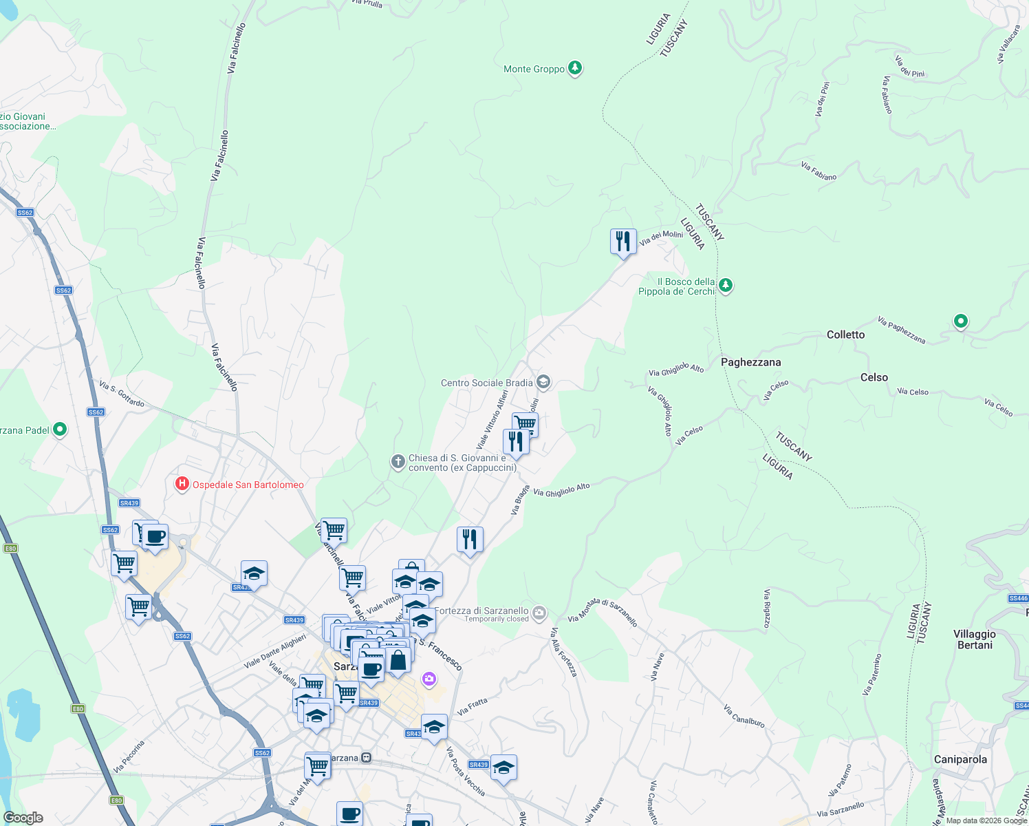 map of restaurants, bars, coffee shops, grocery stores, and more near 305 Via dei Molini in Sarzana