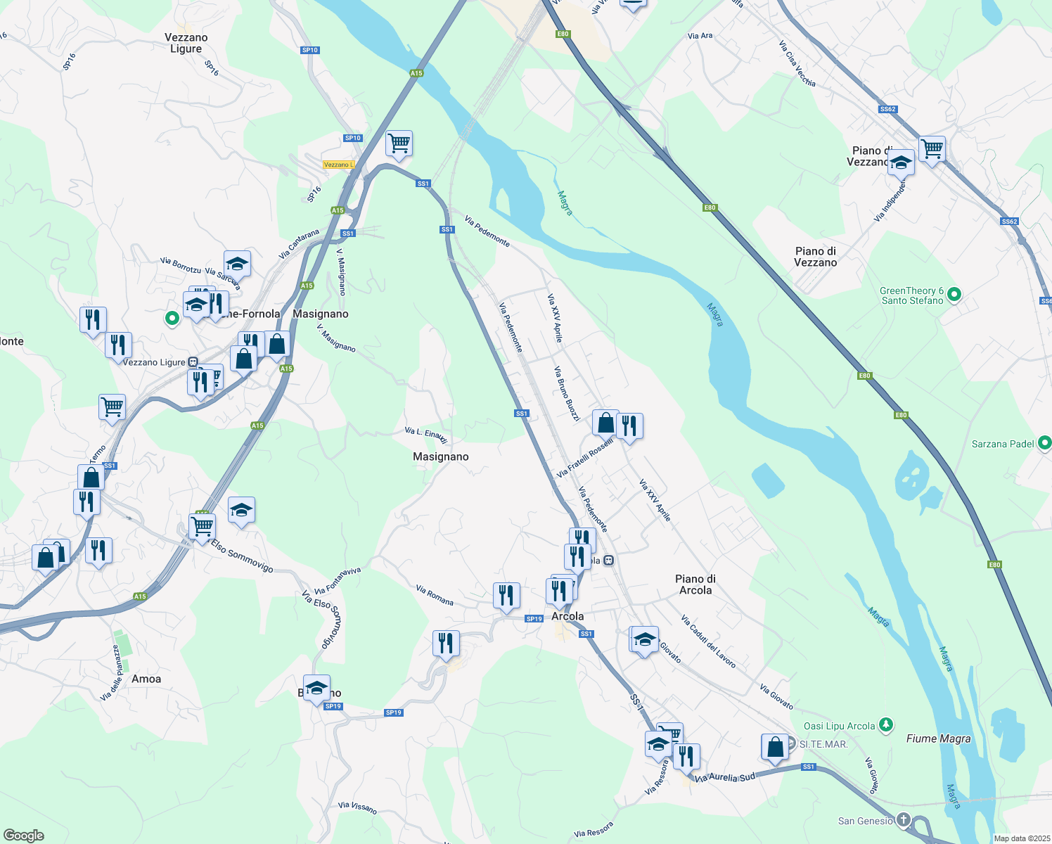 map of restaurants, bars, coffee shops, grocery stores, and more near 336 Strada Statale 1 in Arcola