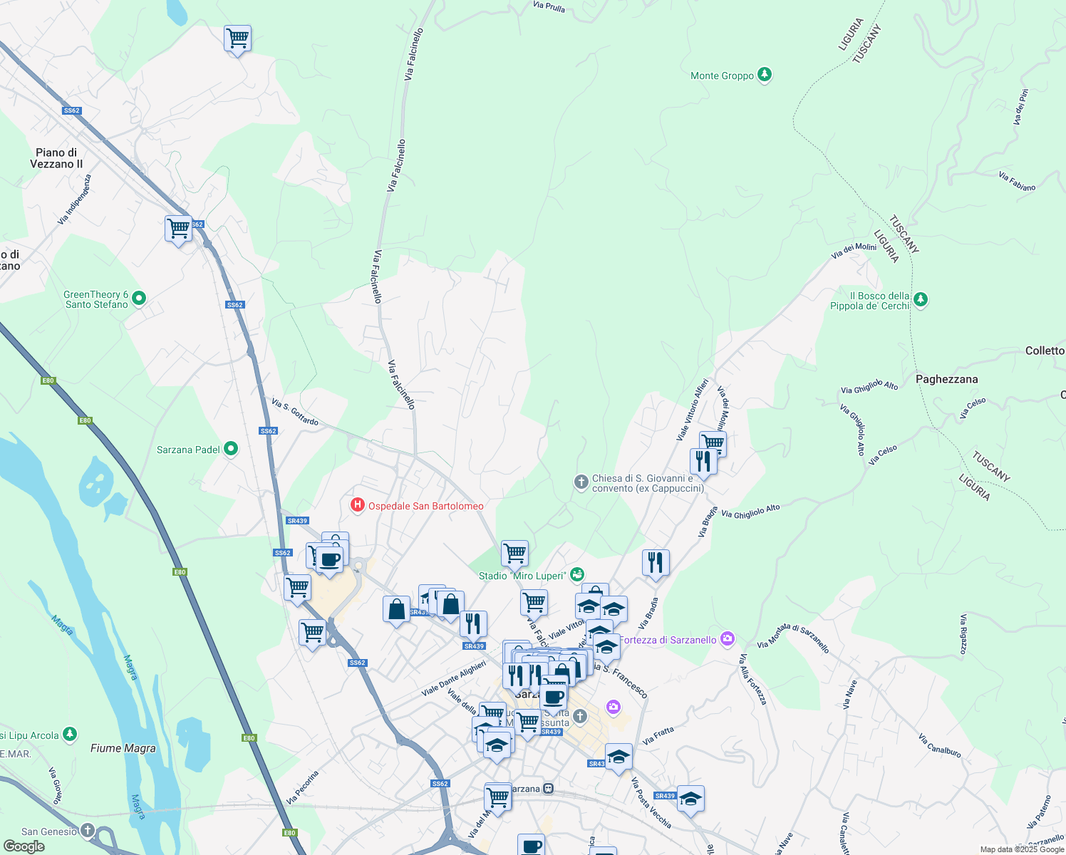 map of restaurants, bars, coffee shops, grocery stores, and more near 27 Via Triboli in Provincia della Spezia