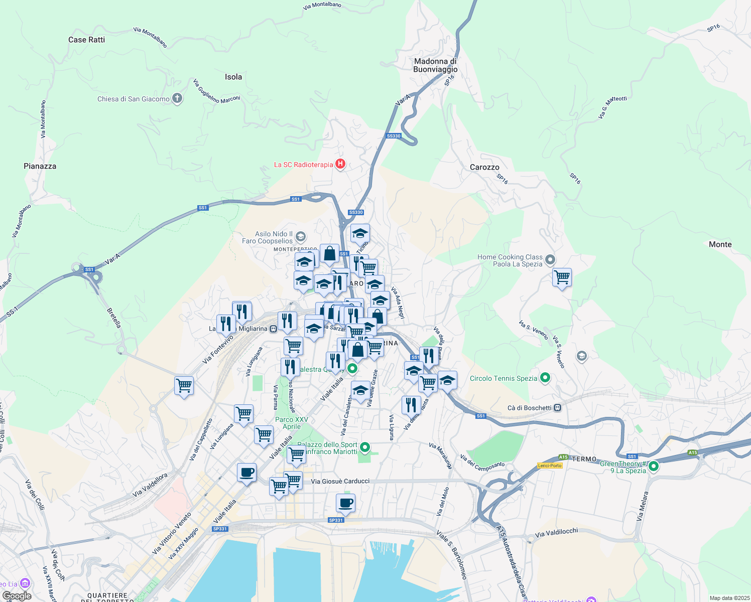 map of restaurants, bars, coffee shops, grocery stores, and more near Via Alfredo Oldoini in La Spezia