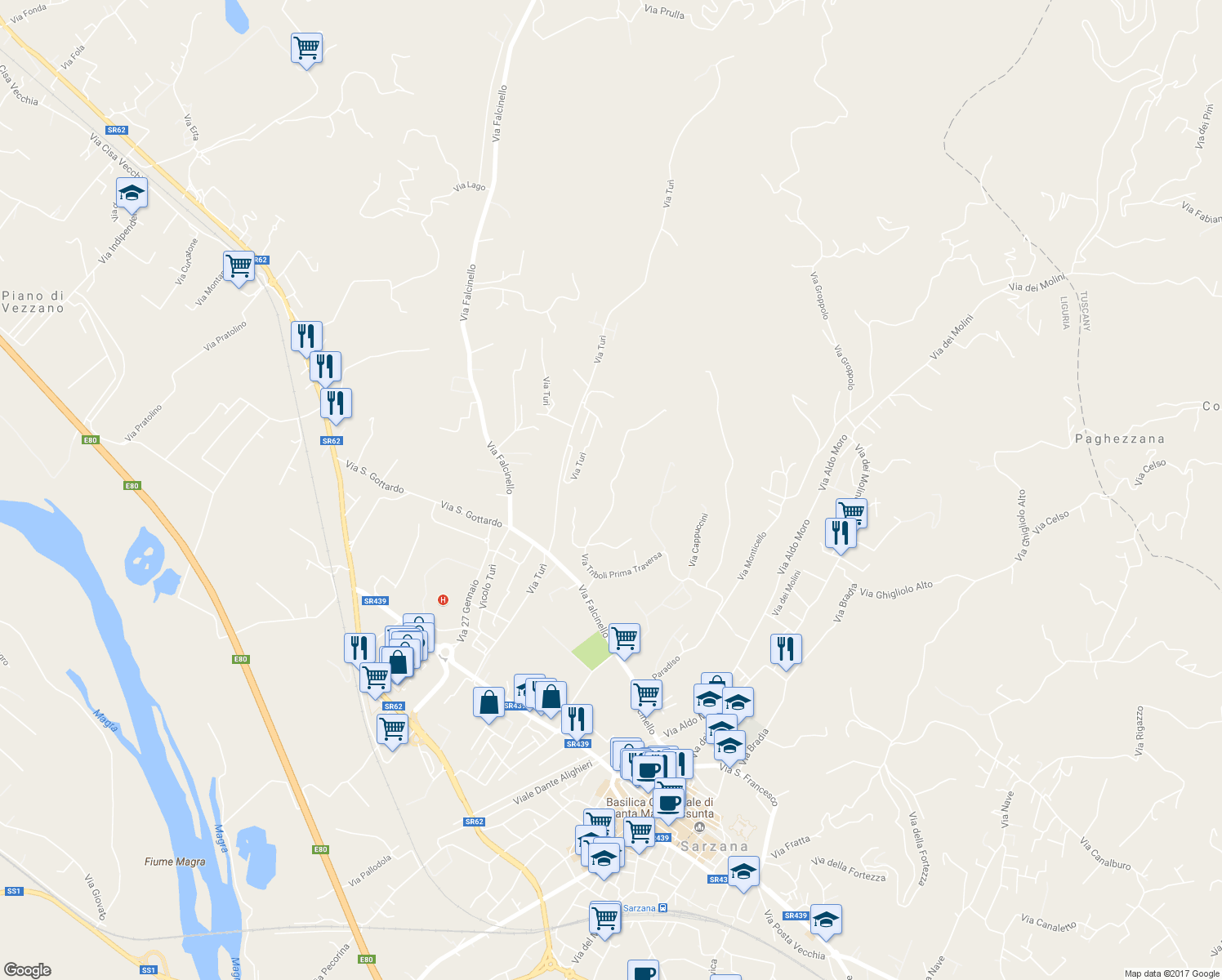 map of restaurants, bars, coffee shops, grocery stores, and more near in Province of La Spezia