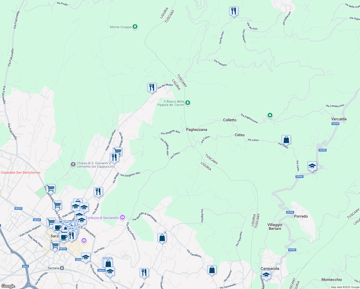 map of restaurants, bars, coffee shops, grocery stores, and more near 36 Via Ghigliolo Alto in Sarzana