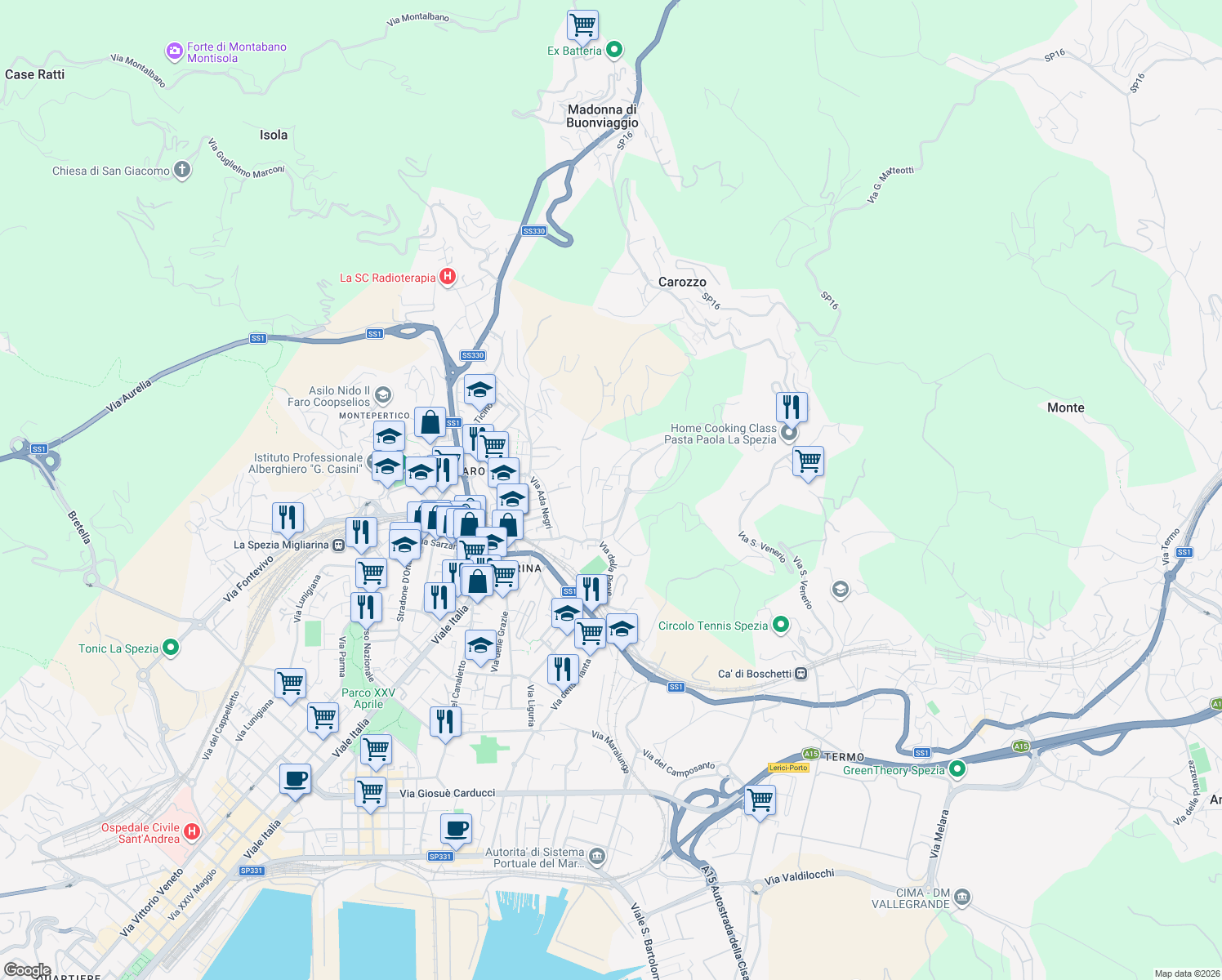 map of restaurants, bars, coffee shops, grocery stores, and more near 21 Via Privata da Passano in La Spezia