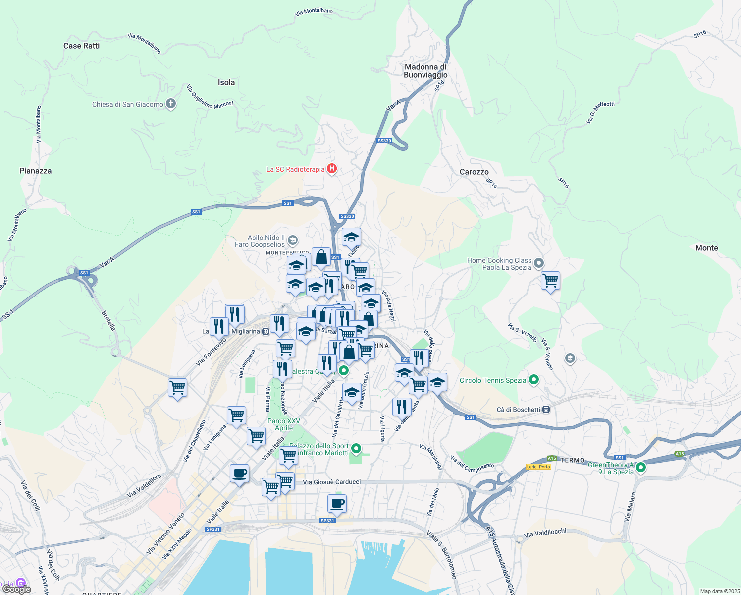 map of restaurants, bars, coffee shops, grocery stores, and more near Via Oldoini Alfredo in La Spezia