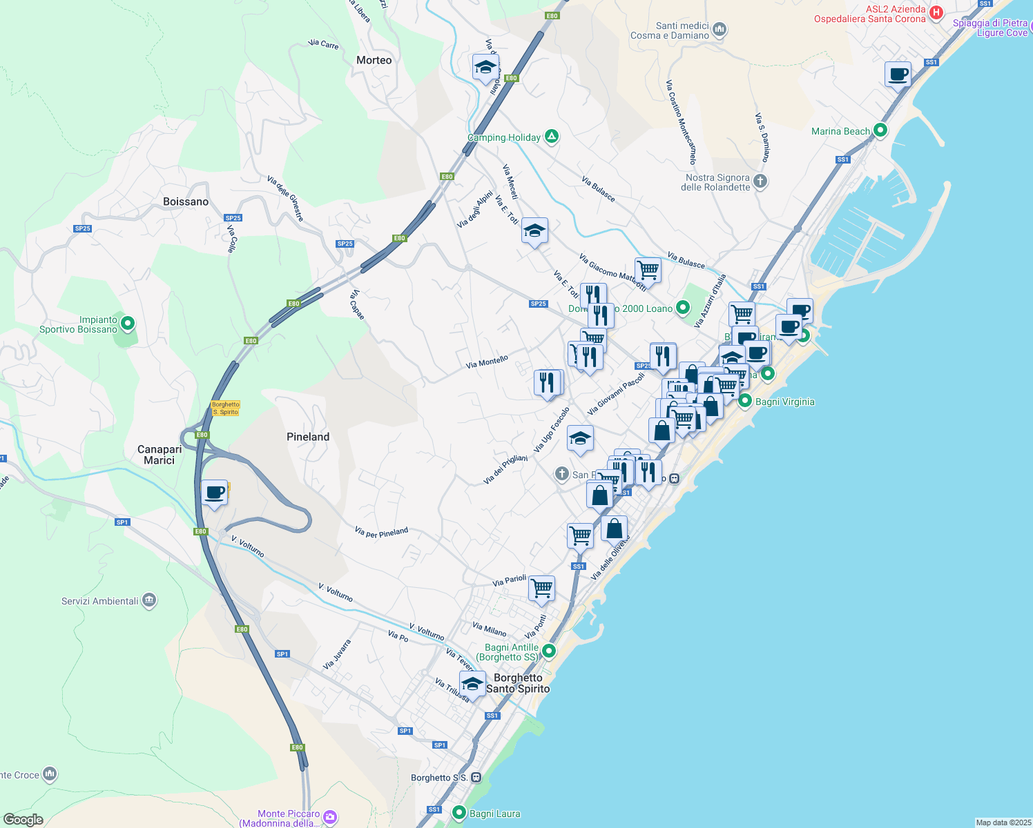 map of restaurants, bars, coffee shops, grocery stores, and more near 14 Via Guido Gozzano in Loano