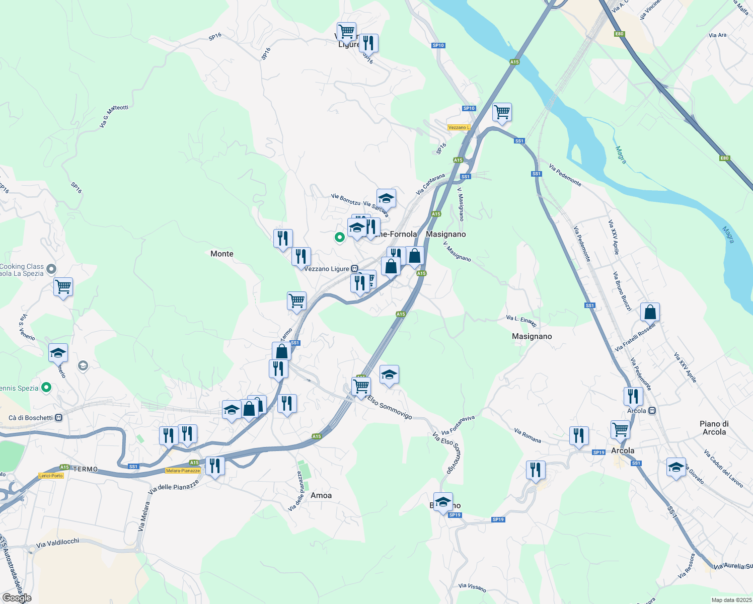 map of restaurants, bars, coffee shops, grocery stores, and more near Strada Statale 1 in Stazione-fornola