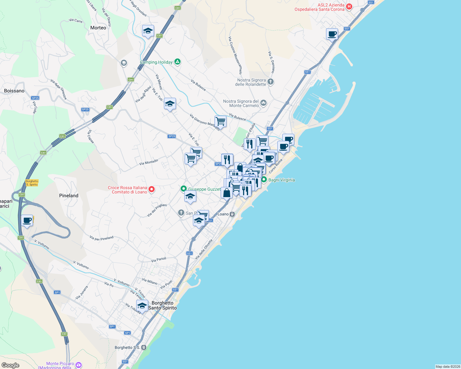 map of restaurants, bars, coffee shops, grocery stores, and more near 6 Via Antonio Fogazzaro in Loano