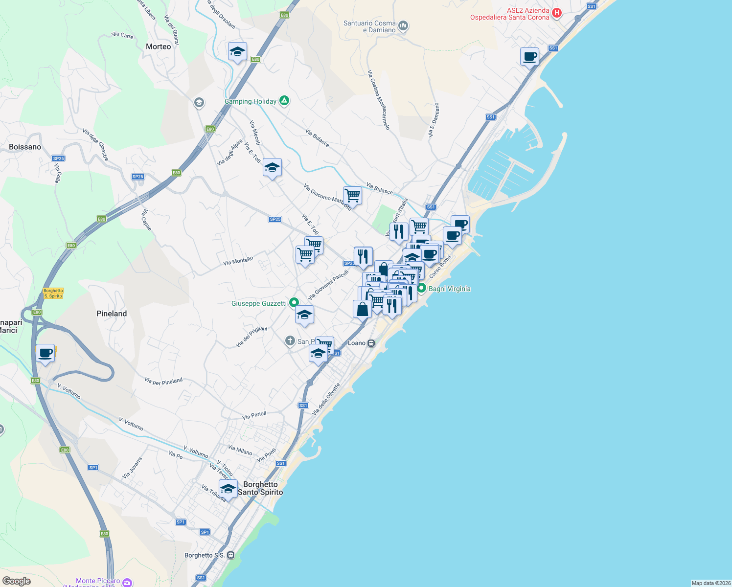 map of restaurants, bars, coffee shops, grocery stores, and more near 6 Via Antonio Fogazzaro in Loano