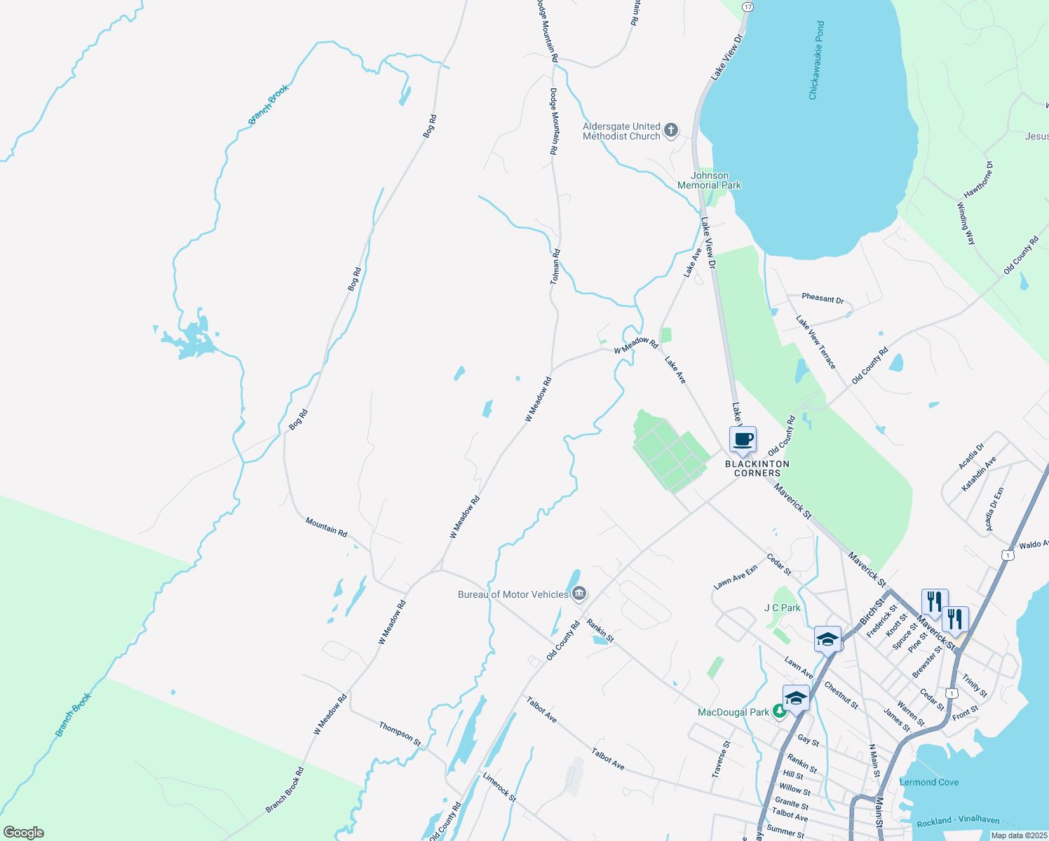 map of restaurants, bars, coffee shops, grocery stores, and more near 191 West Meadow Road in Rockland