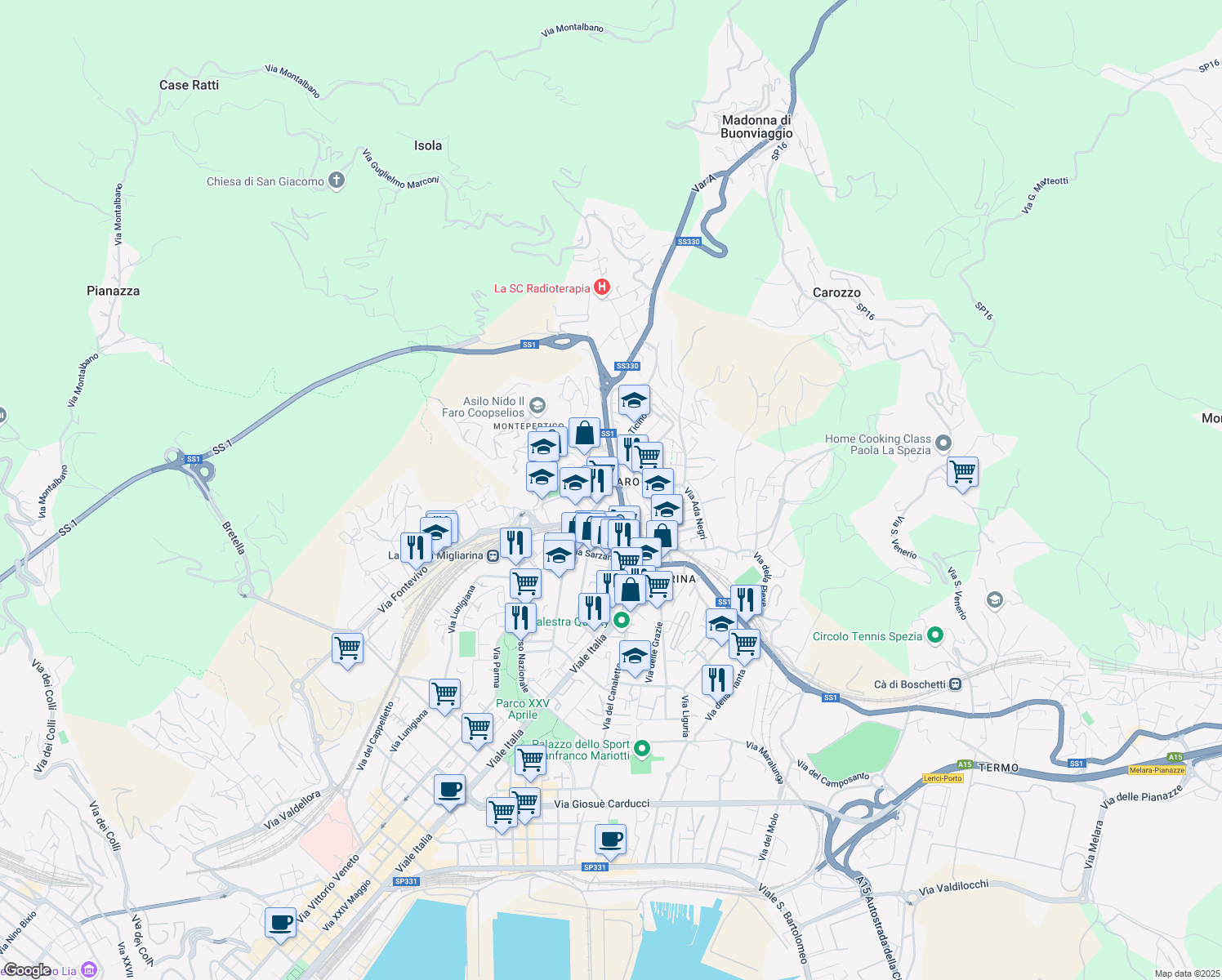 map of restaurants, bars, coffee shops, grocery stores, and more near 136 Via Buonviaggio in La Spezia