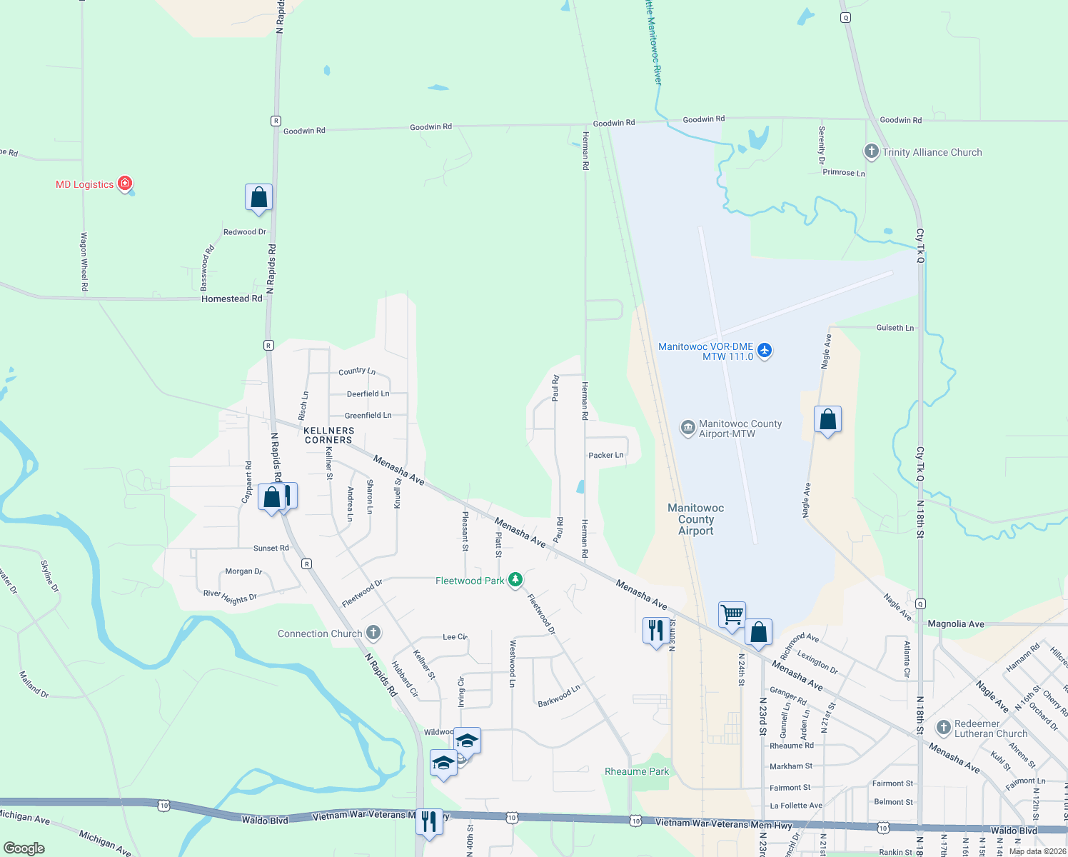 map of restaurants, bars, coffee shops, grocery stores, and more near 2210 Virginia Drive in Manitowoc