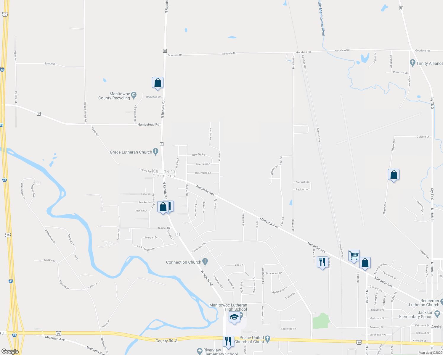 map of restaurants, bars, coffee shops, grocery stores, and more near 4251 Last Court in Manitowoc
