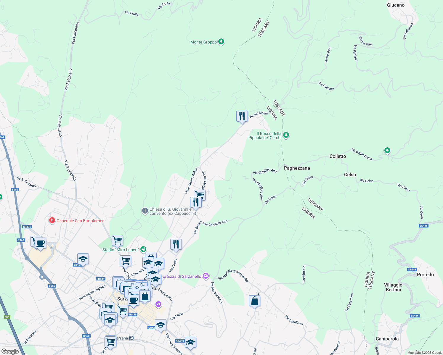 map of restaurants, bars, coffee shops, grocery stores, and more near 164 Via dei Molini in Sarzana