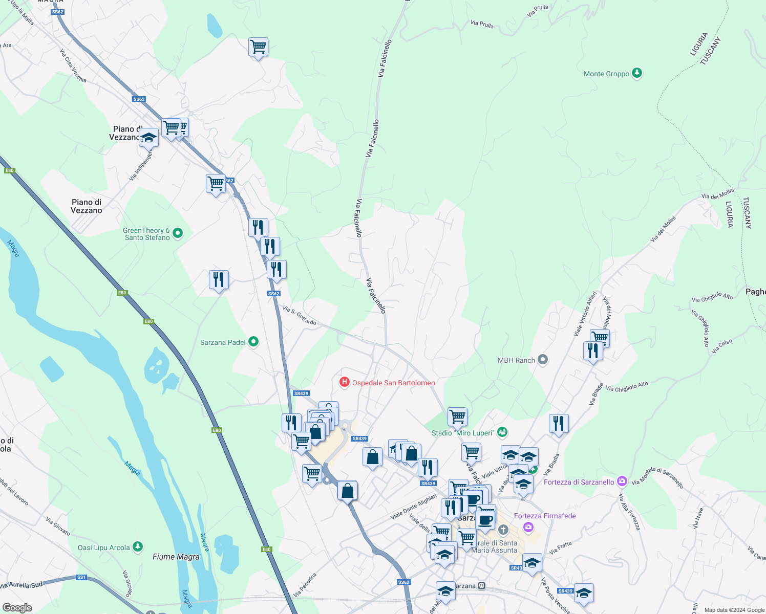 map of restaurants, bars, coffee shops, grocery stores, and more near 138 Via Falcinello in Sarzana