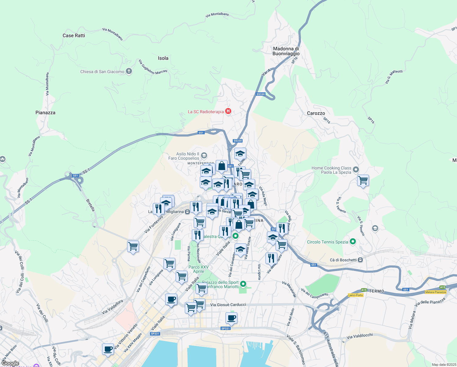 map of restaurants, bars, coffee shops, grocery stores, and more near 136 Via Buonviaggio in La Spezia