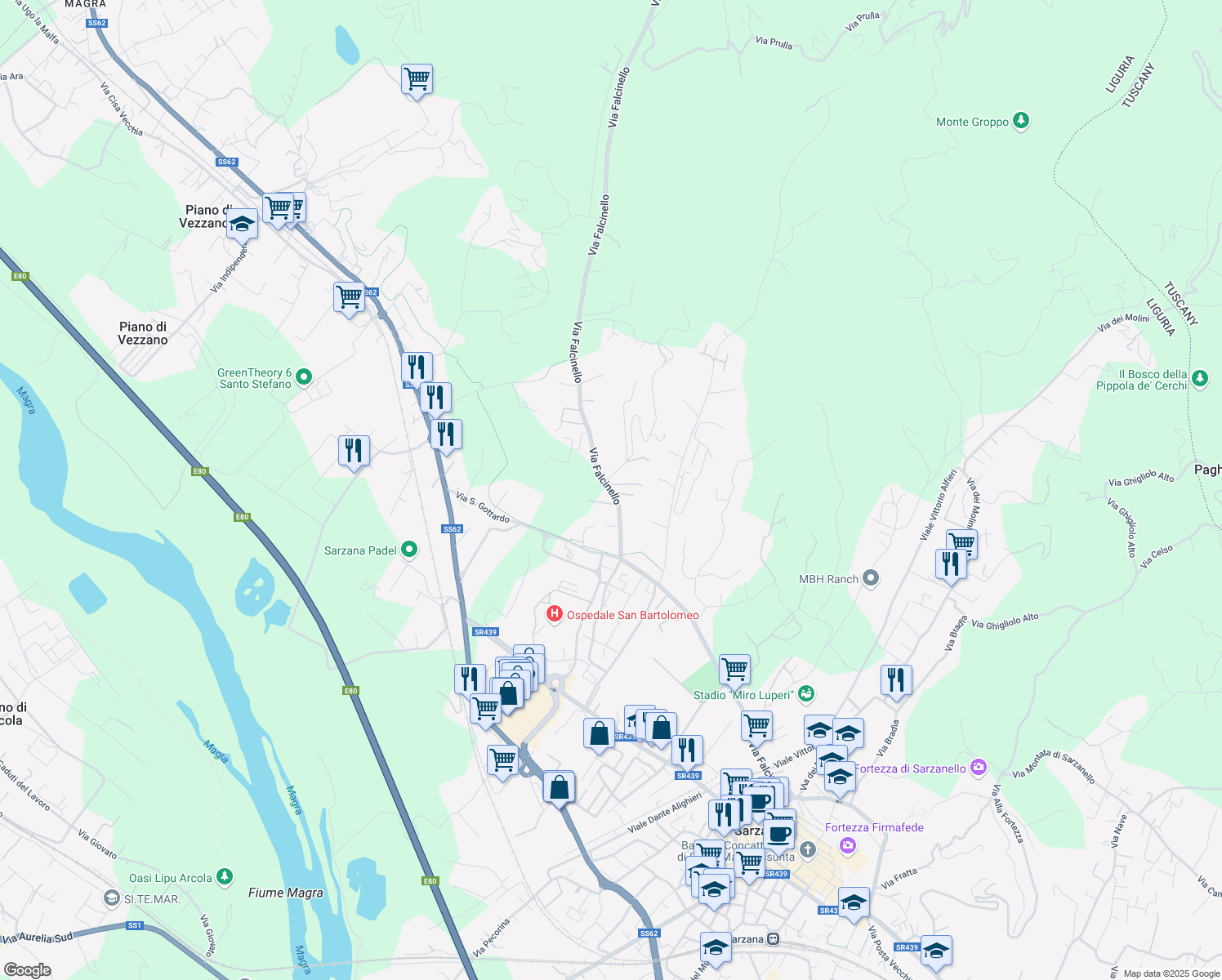 map of restaurants, bars, coffee shops, grocery stores, and more near 138 Via Falcinello in Sarzana