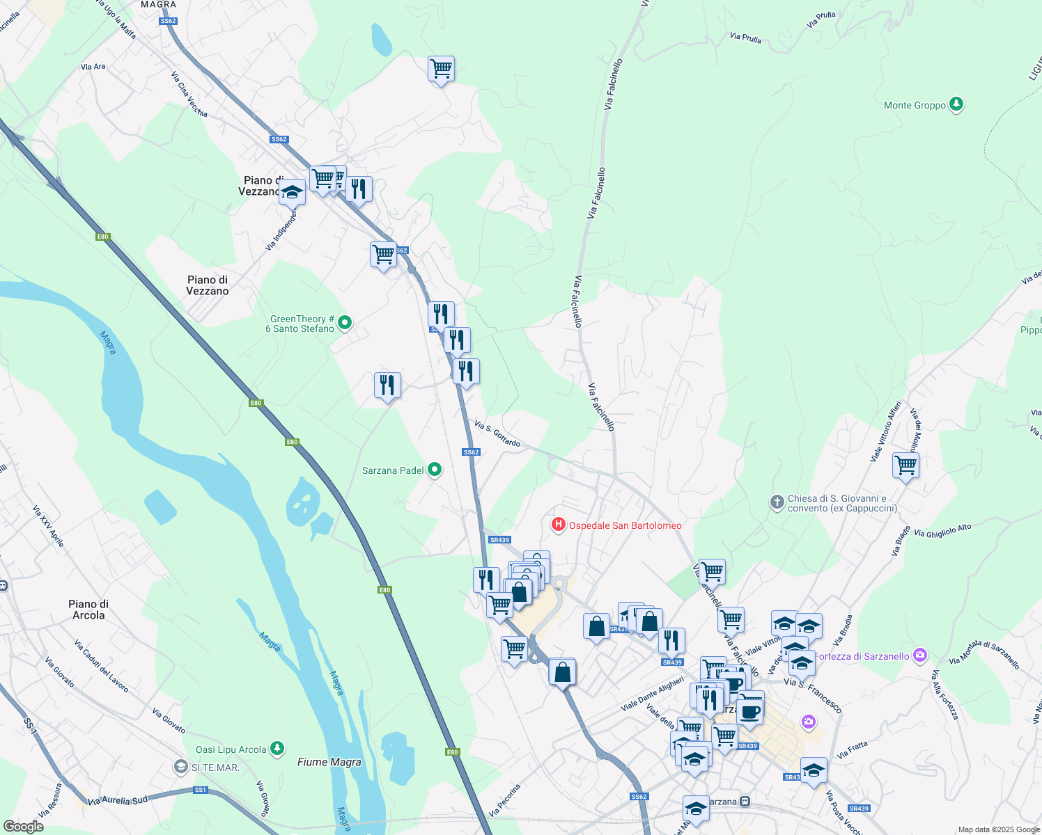 map of restaurants, bars, coffee shops, grocery stores, and more near 61 Via Montallegro in Sarzana
