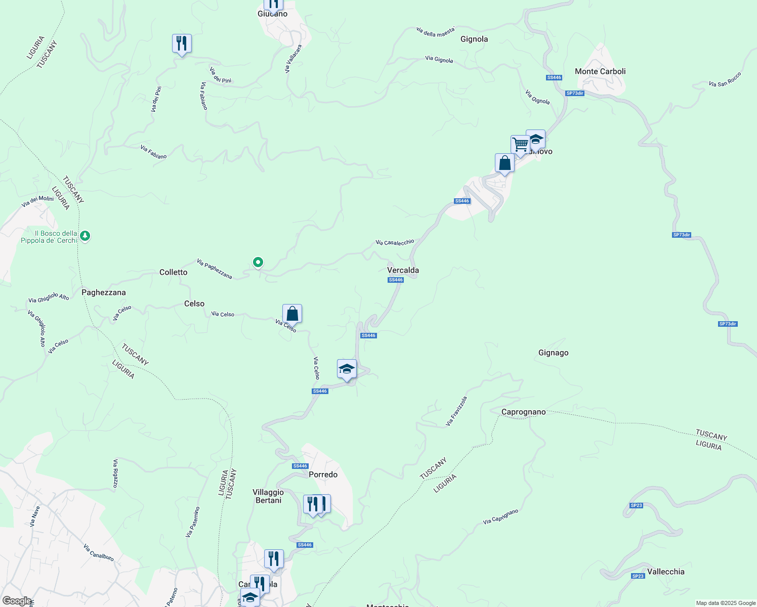 map of restaurants, bars, coffee shops, grocery stores, and more near Via Palazzina in Massa and Carrara