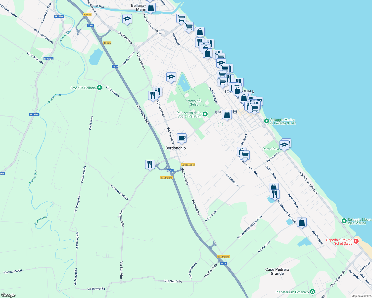map of restaurants, bars, coffee shops, grocery stores, and more near Piazzale Don Giovanni Verità in Igea Marina