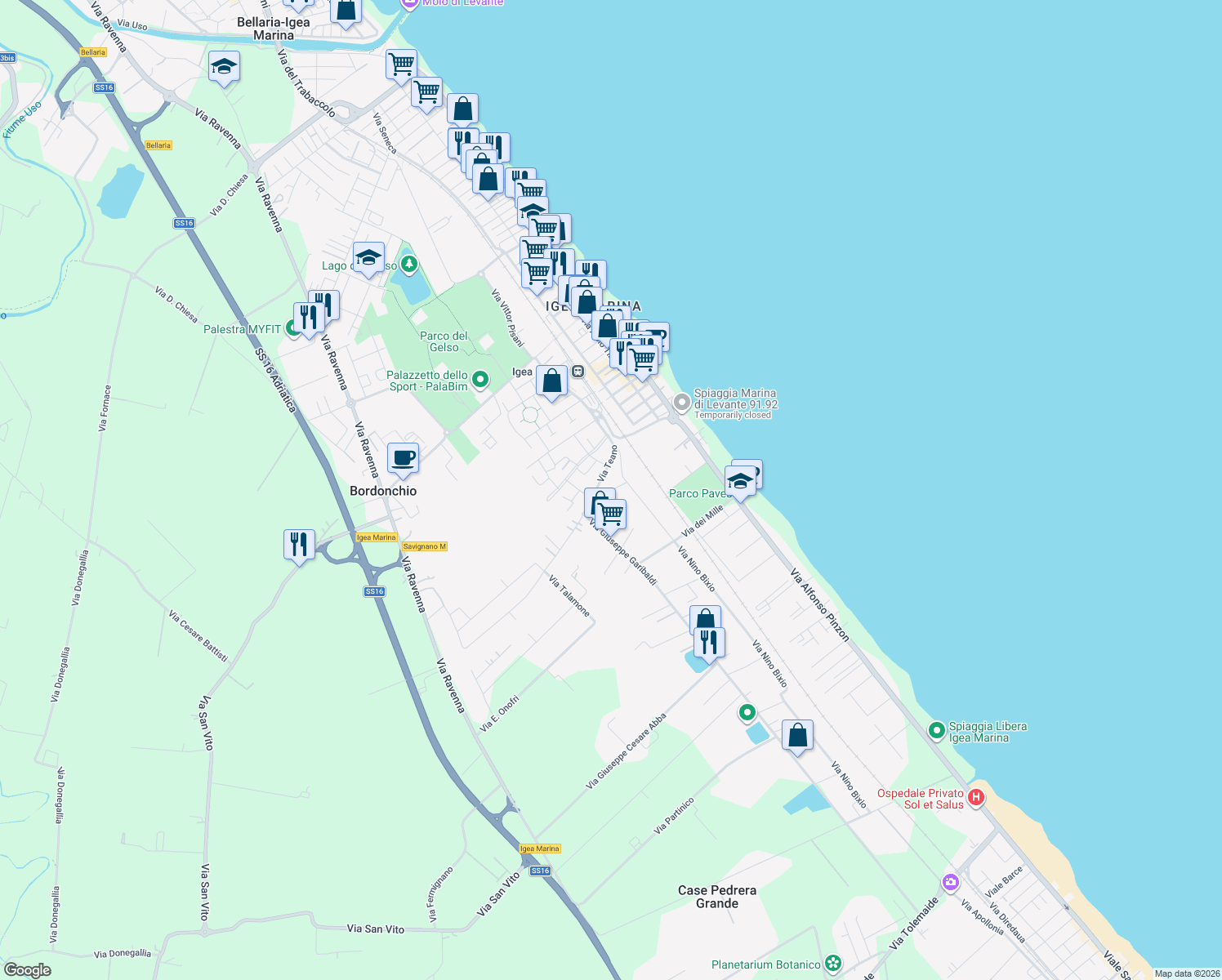 map of restaurants, bars, coffee shops, grocery stores, and more near 17 Via Teano in Igea Marina