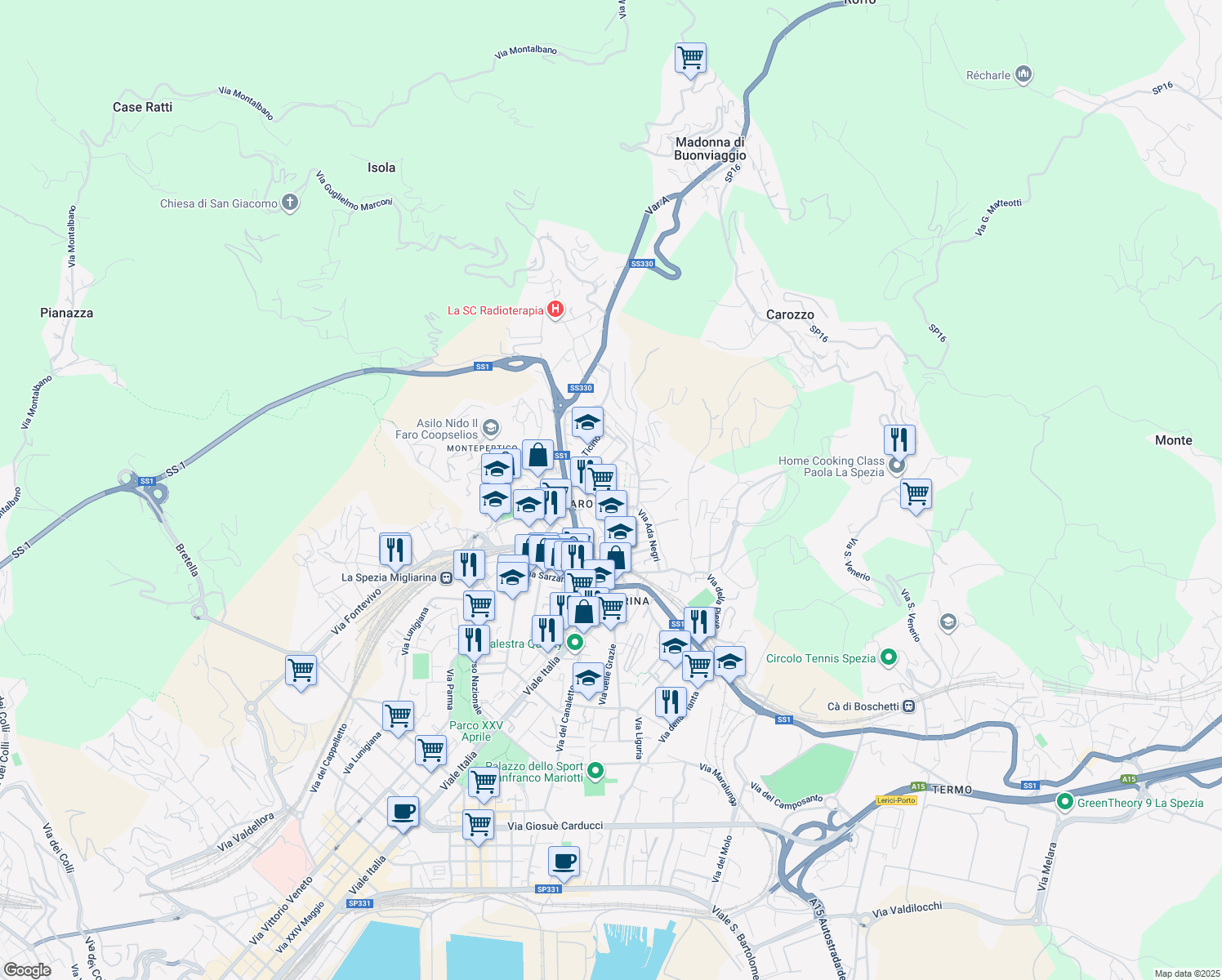 map of restaurants, bars, coffee shops, grocery stores, and more near 1 Largo Gerolamo Spezia in La Spezia