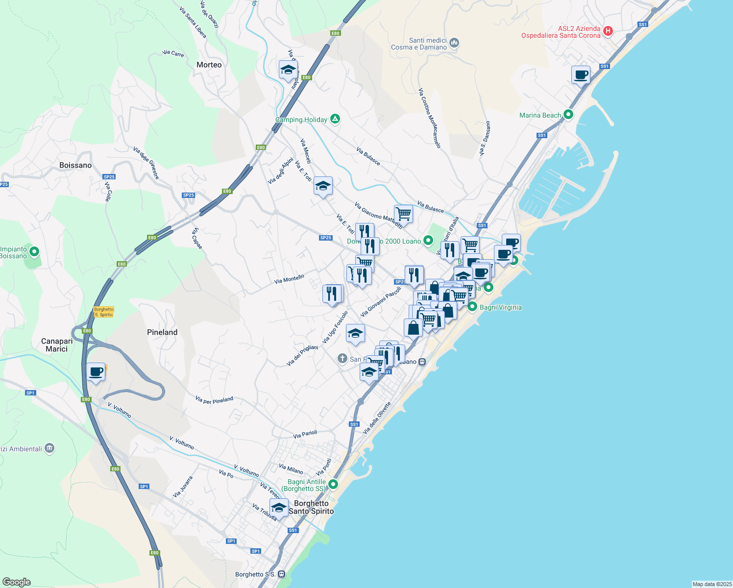 map of restaurants, bars, coffee shops, grocery stores, and more near Via Luigi Pirandello in Loano