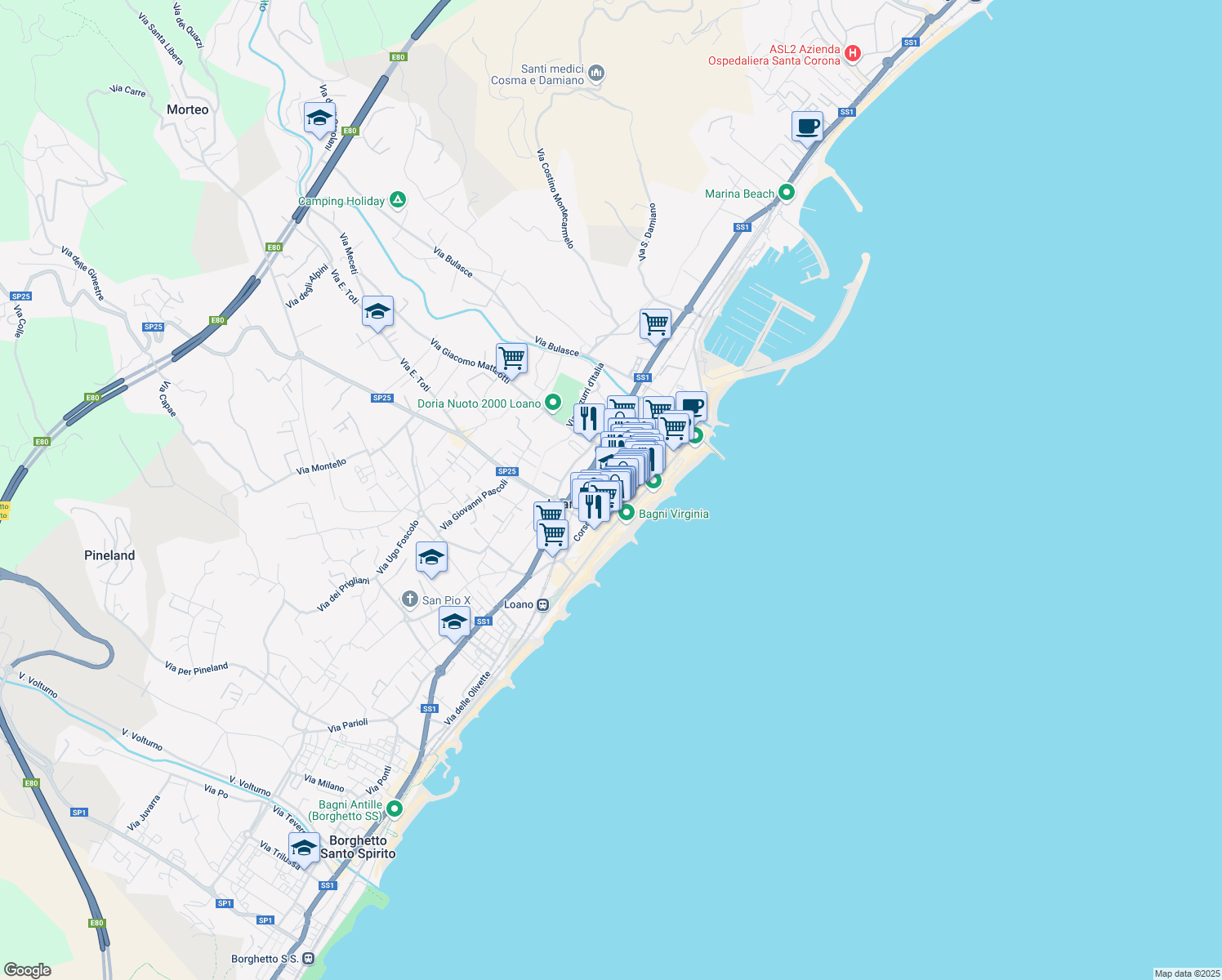 map of restaurants, bars, coffee shops, grocery stores, and more near 11 Corso Europa in Loano